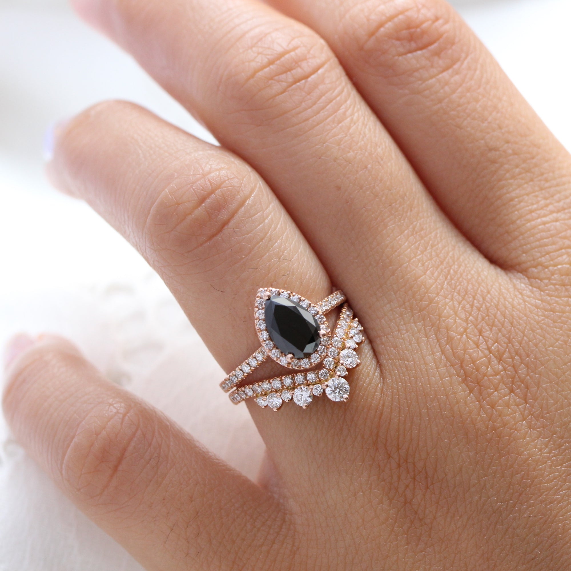 pear black diamond ring rose gold large diamond wedding band stacking rings la more design jewelry