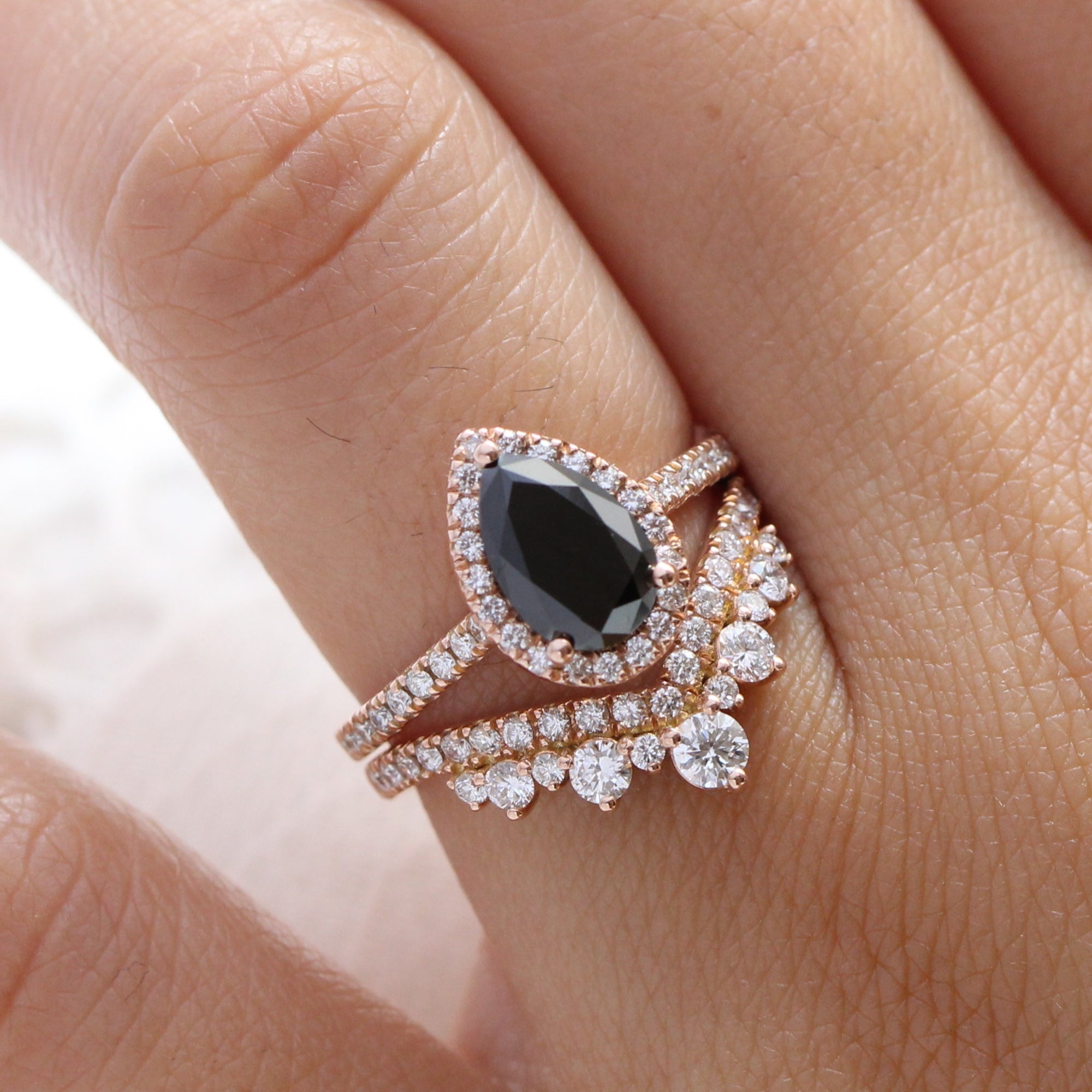 Pear shaped black diamond engagement ring Clearance