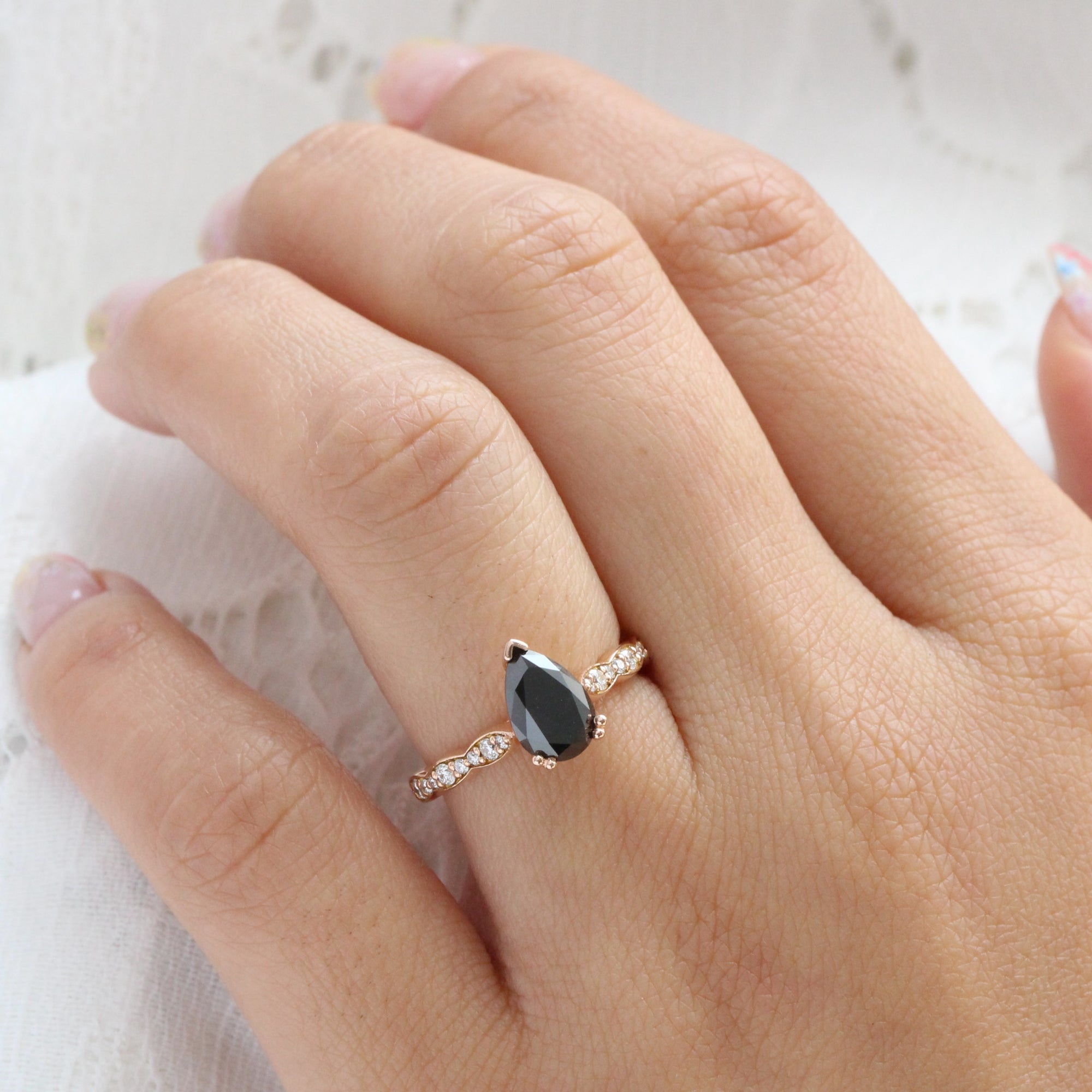 Natural Black Diamond Engagement Ring Rose Gold Solitaire Pear