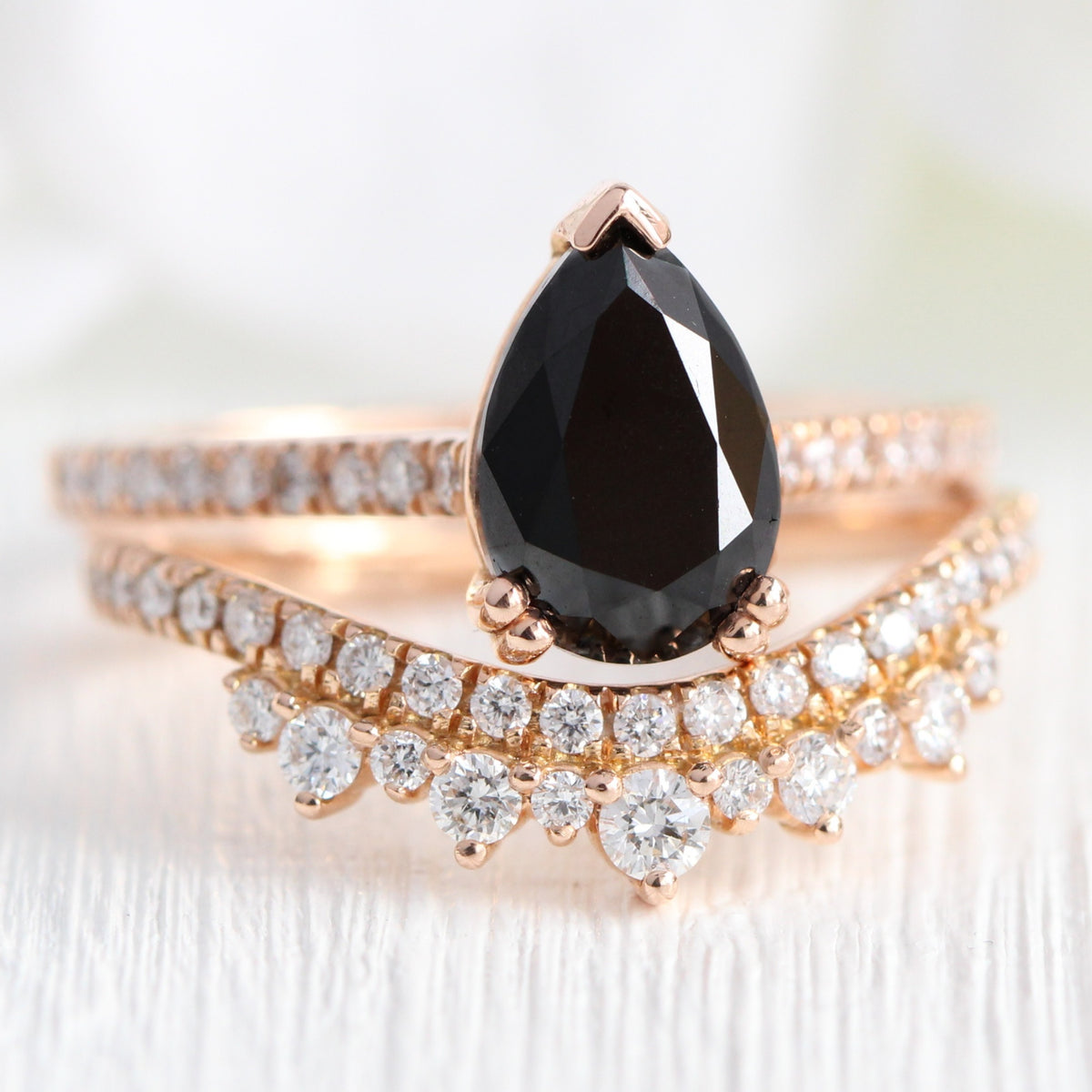 pear black diamond solitaire ring rose gold curved diamond wedding band bridal set la more design jewelry