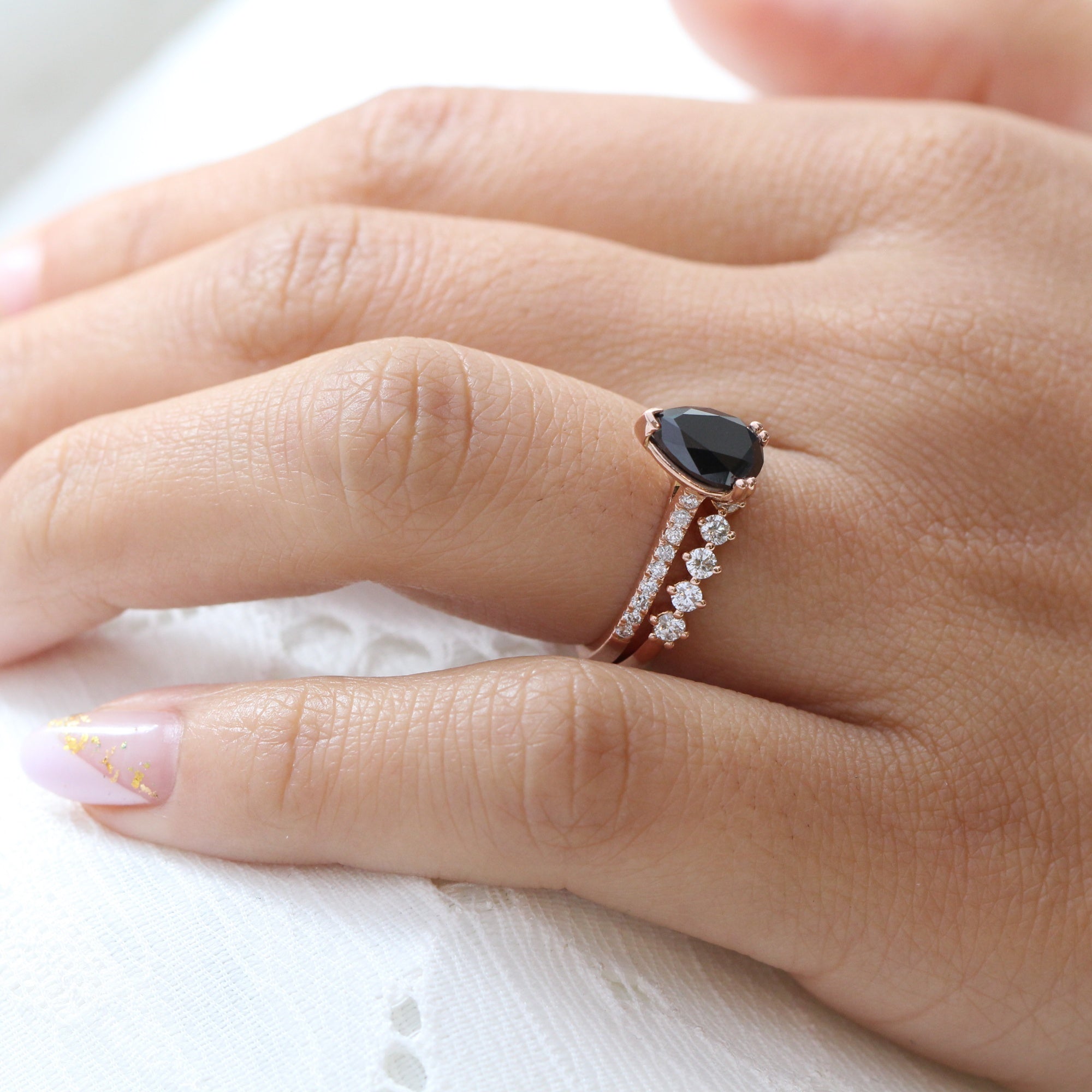 Gold Engagement Black Diamond With Rose Gold Band Pear Black