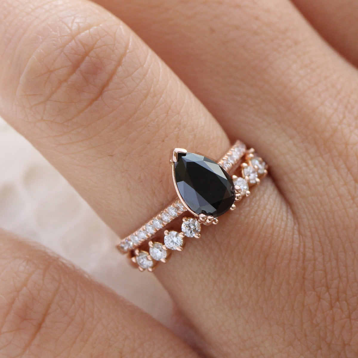 pear black diamond solitaire ring rose gold matching diamond wedding band bridal set la more design jewelry
