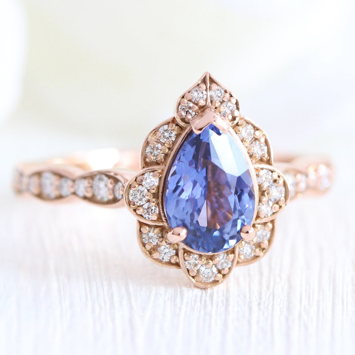 pear bluish purple sapphire ring rose gold vintage halo diamond ring la more design jewelry