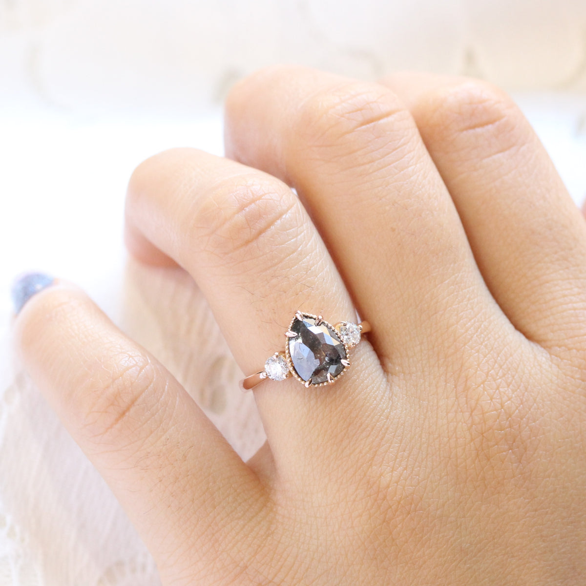 pear cut salt and pepper diamond ring rose gold 3 stone diamond ring la more design jewelry