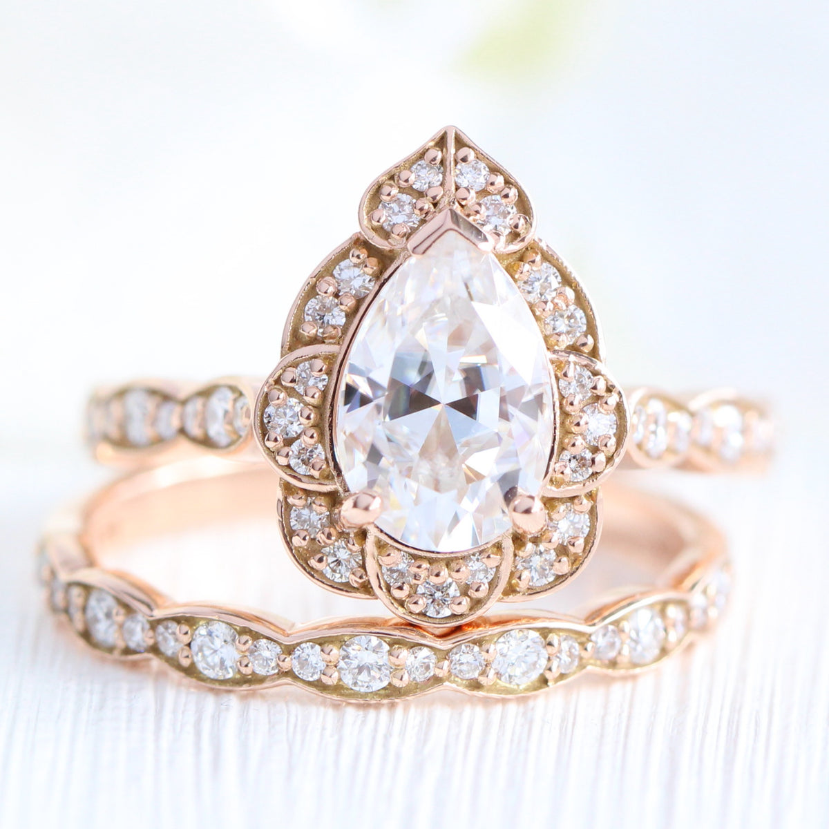 pear moissanite engagement ring rose gold vintage diamond wedding ring set la more design jewelry