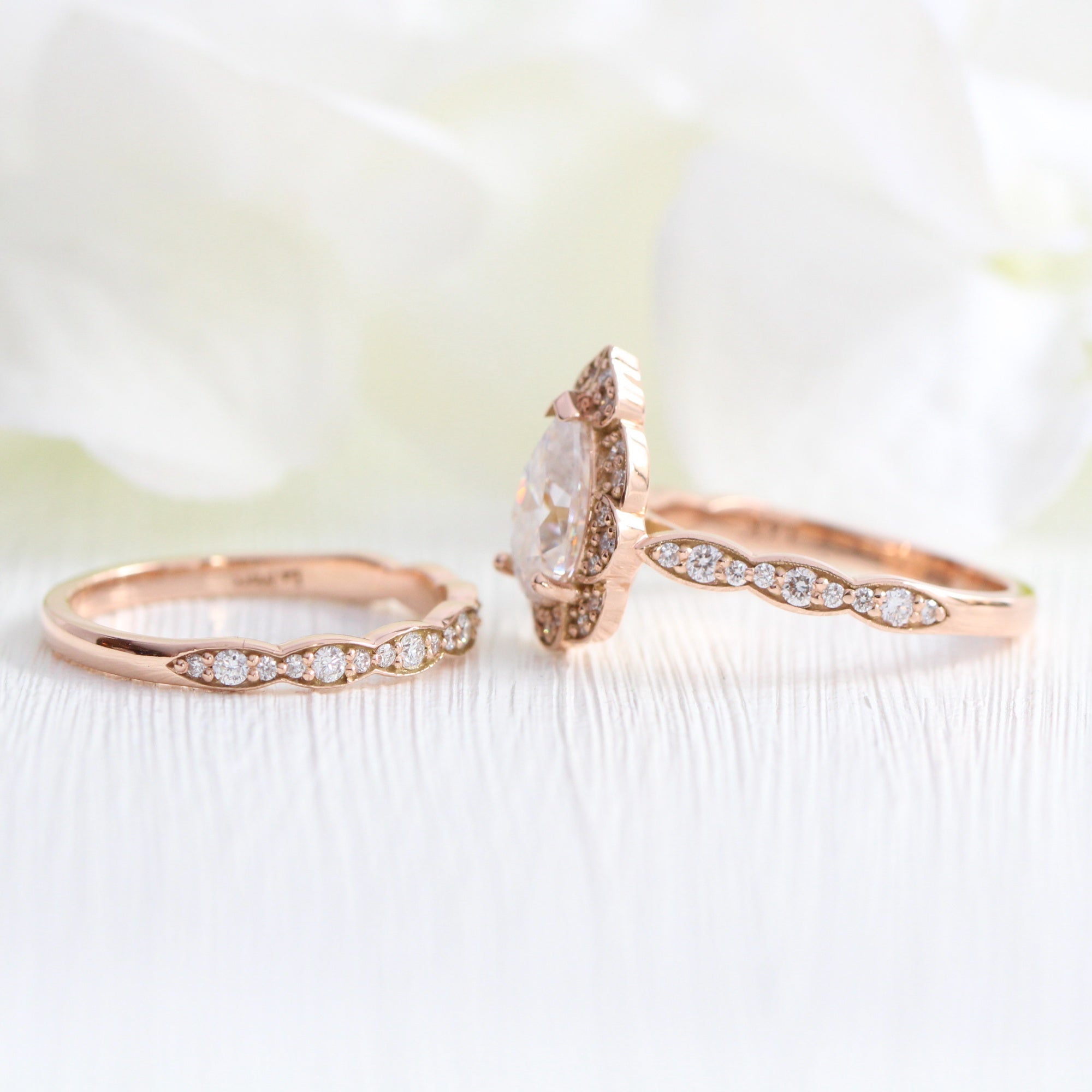 pear moissanite engagement ring rose gold vintage diamond wedding ring set la more design jewelry