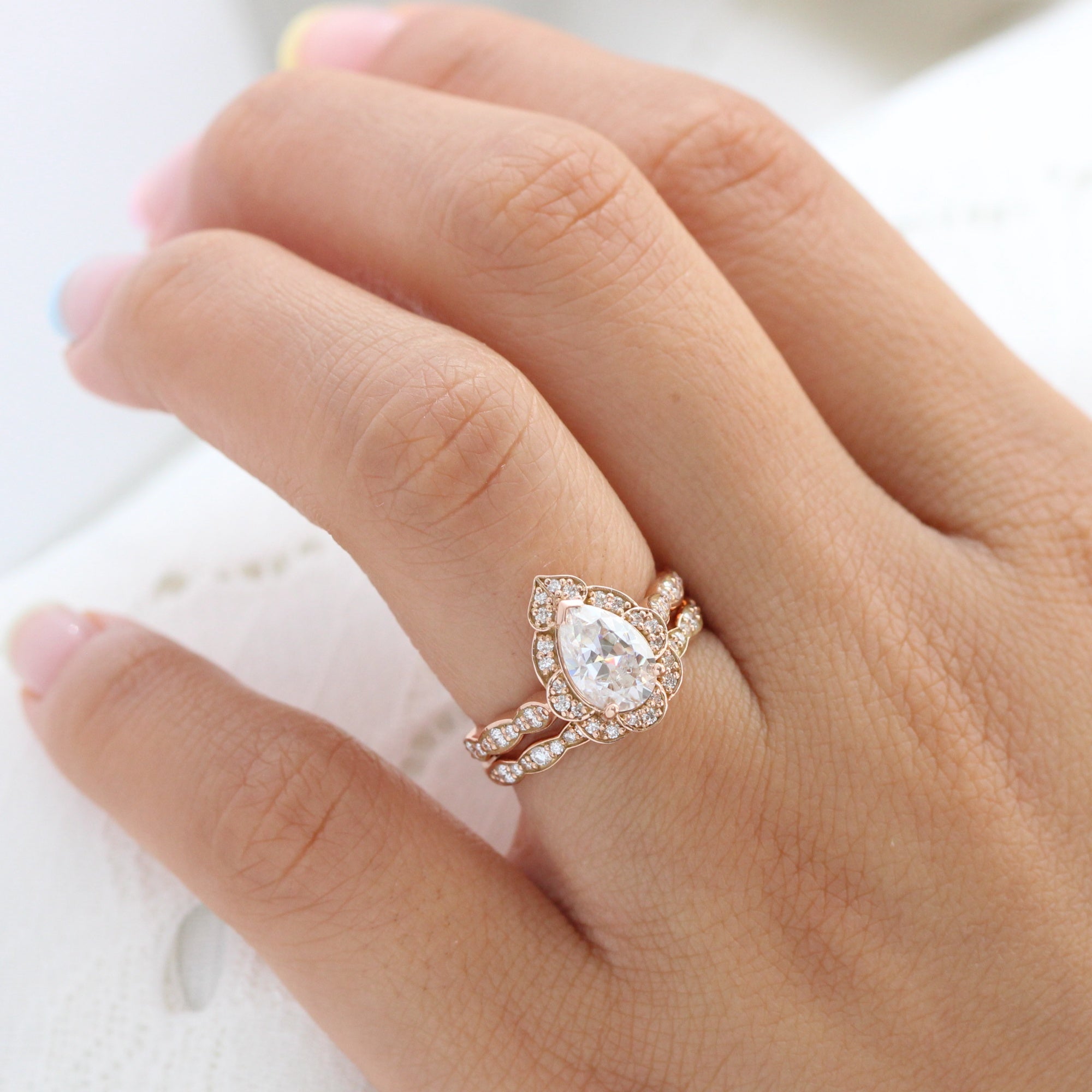 pear moissanite engagement ring rose gold vintage diamond wedding ring set la more design jewelry