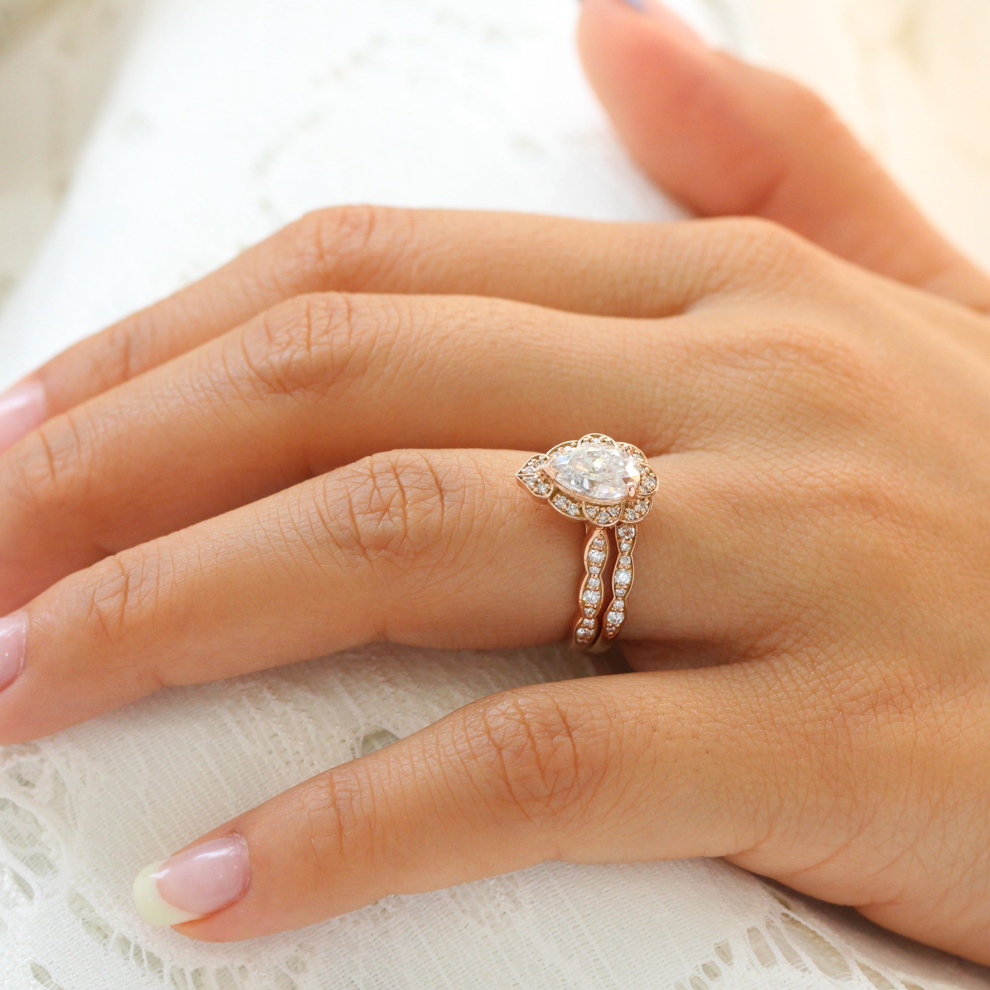 Large Pear Moissanite Ring Rose Gold Vintage Halo Diamond Ring Set