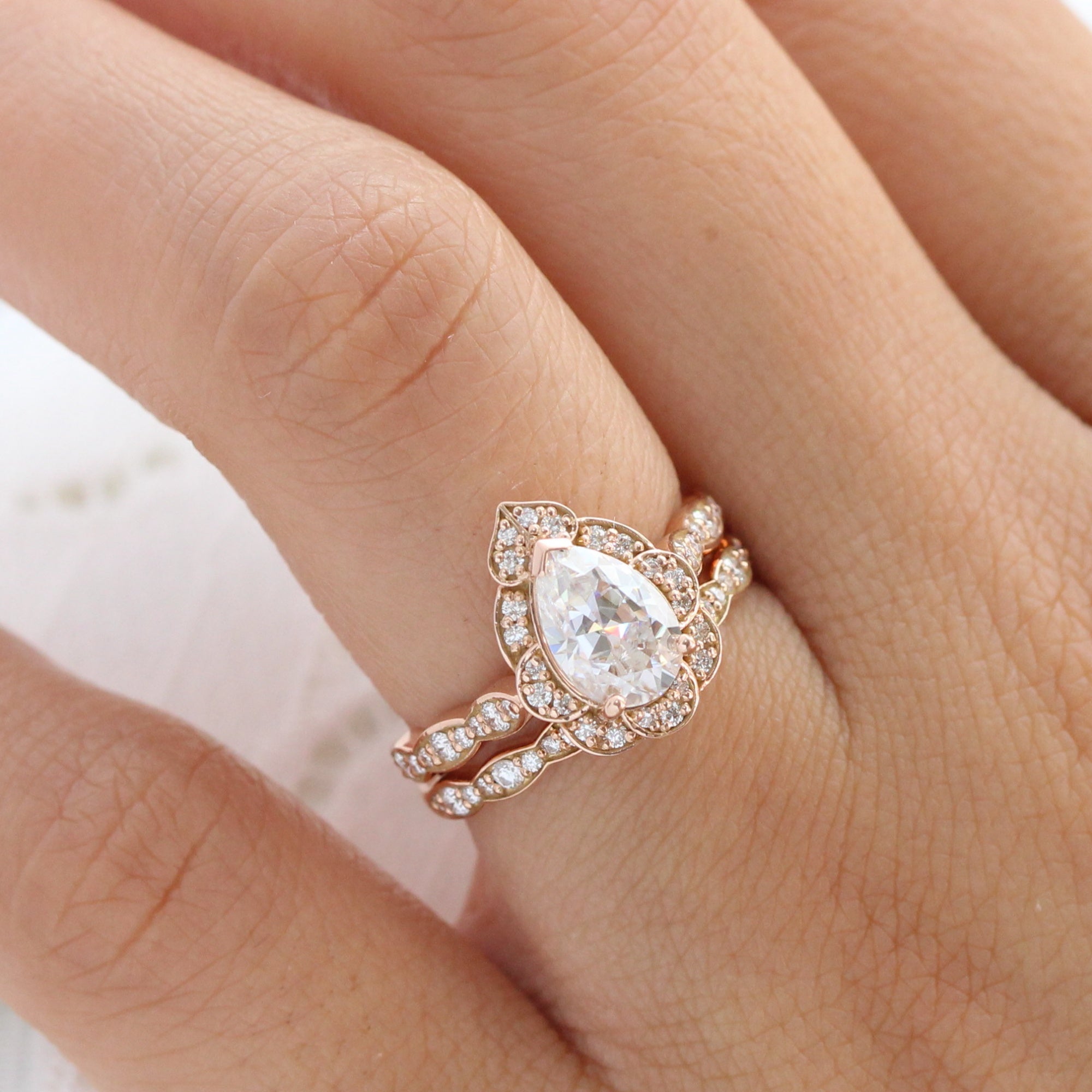Large Pear Moissanite Ring Rose Gold Vintage Halo Diamond Ring Set