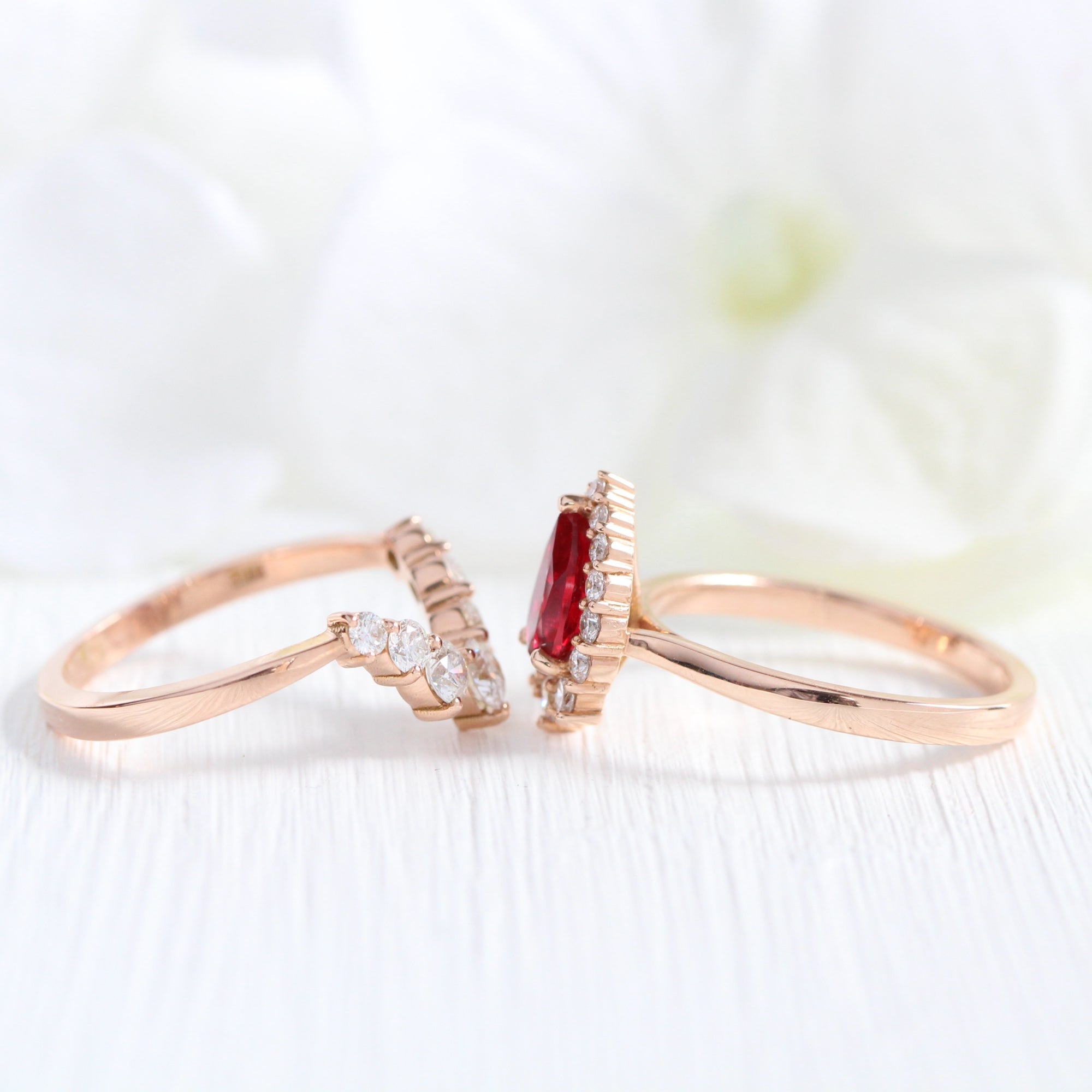 pear ruby ring stack rose gold curved diamond wedding band set la more design jewelry