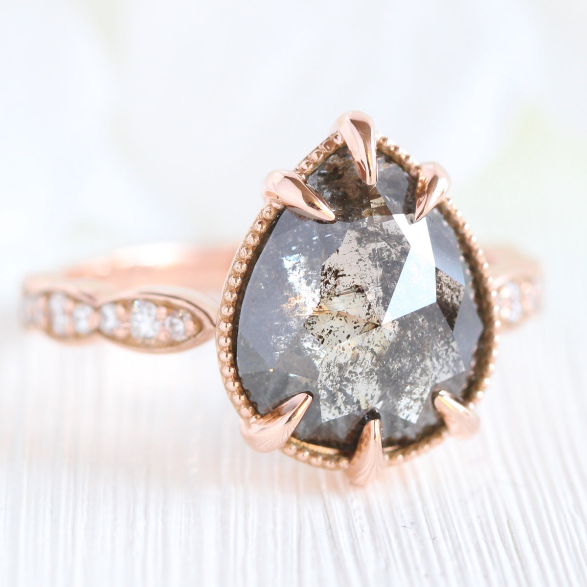 pear salt and pepper diamond ring rose gold vintage engagement ring grey diamond ring la more design jewelry