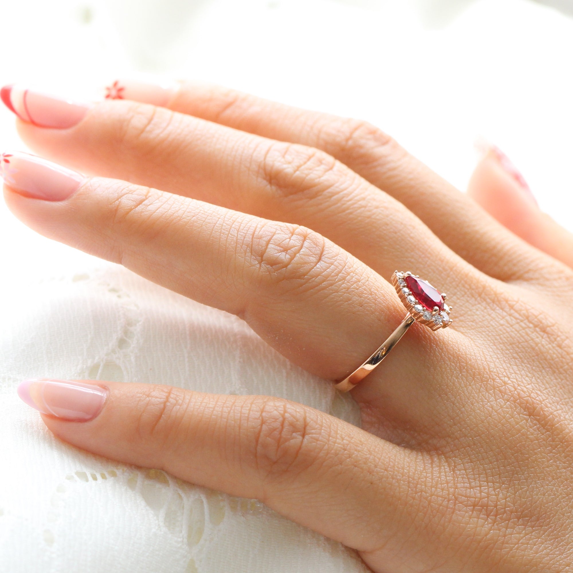 Halo Diamond Ruby Engagement Ring Rose Gold Cluster Pear Ring 14K White Gold 6.0