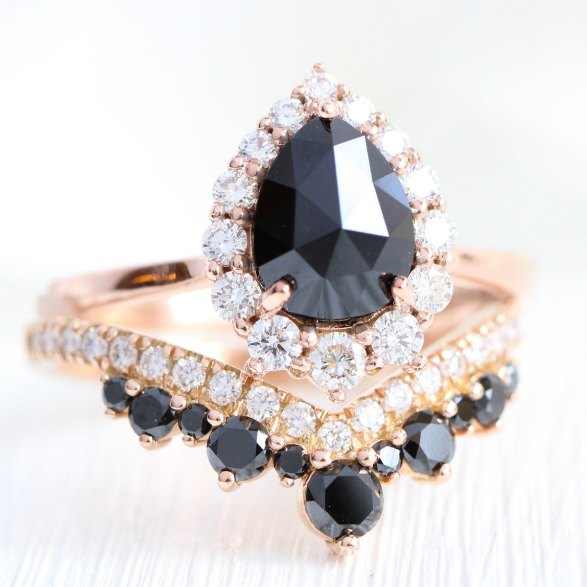 rose cut black diamond halo ring and large tiara diamond wedding band stack la more design jewelry