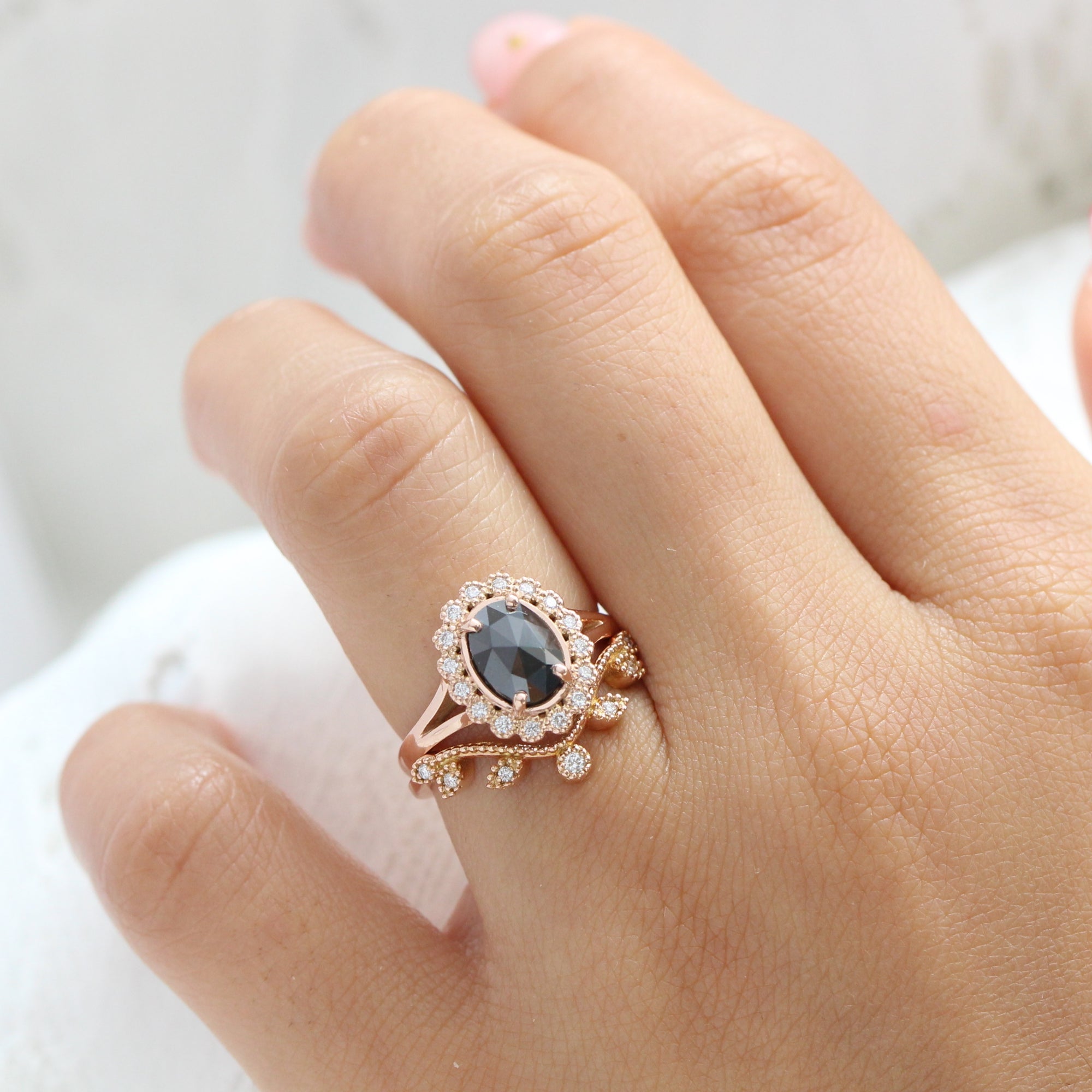 Rose Cut Black Diamond Ring Gold and Vintage Diamond Wedding Band Set