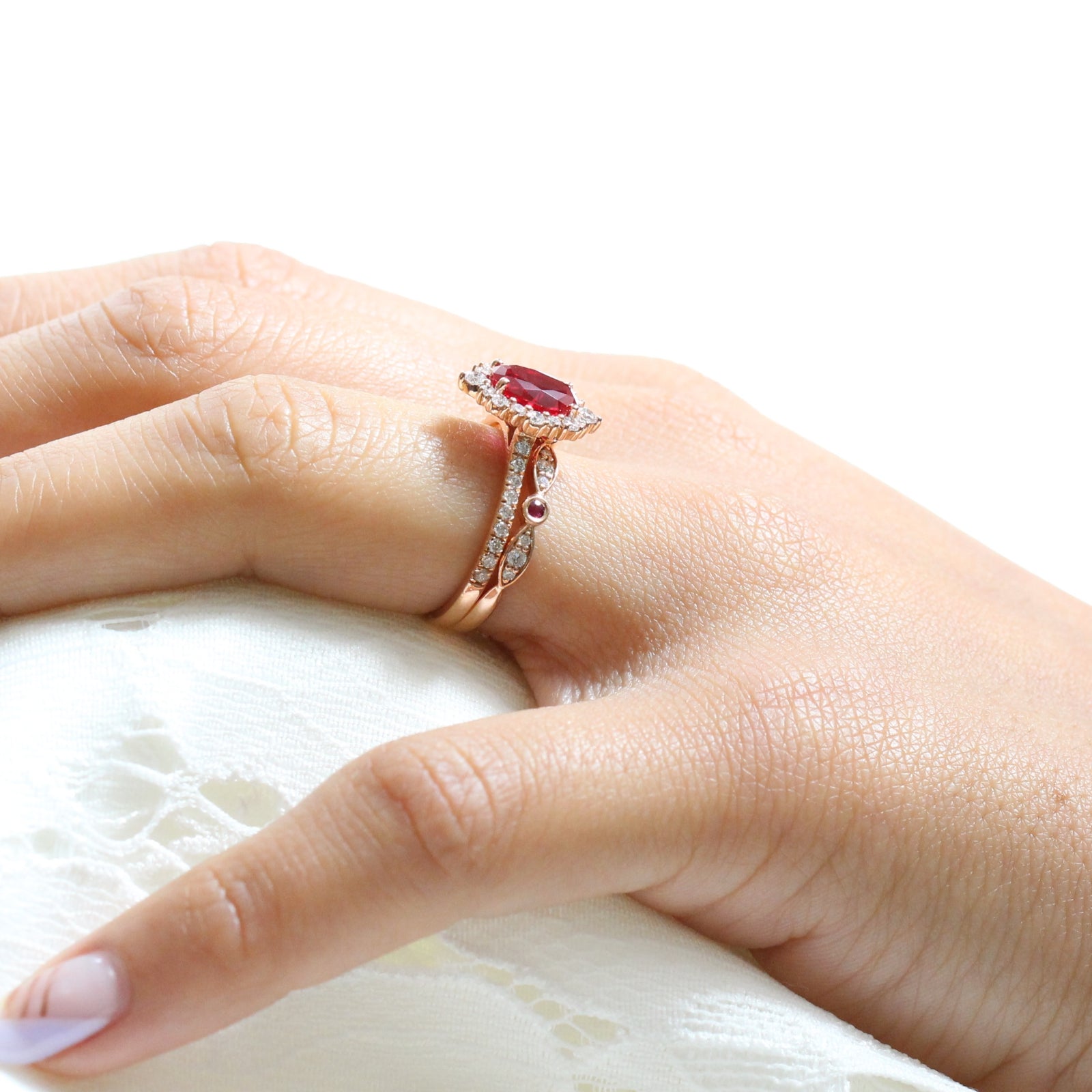 ruby engagement ring rose gold halo diamond bridal set and diamond ruby wedding band by la more design jewelry