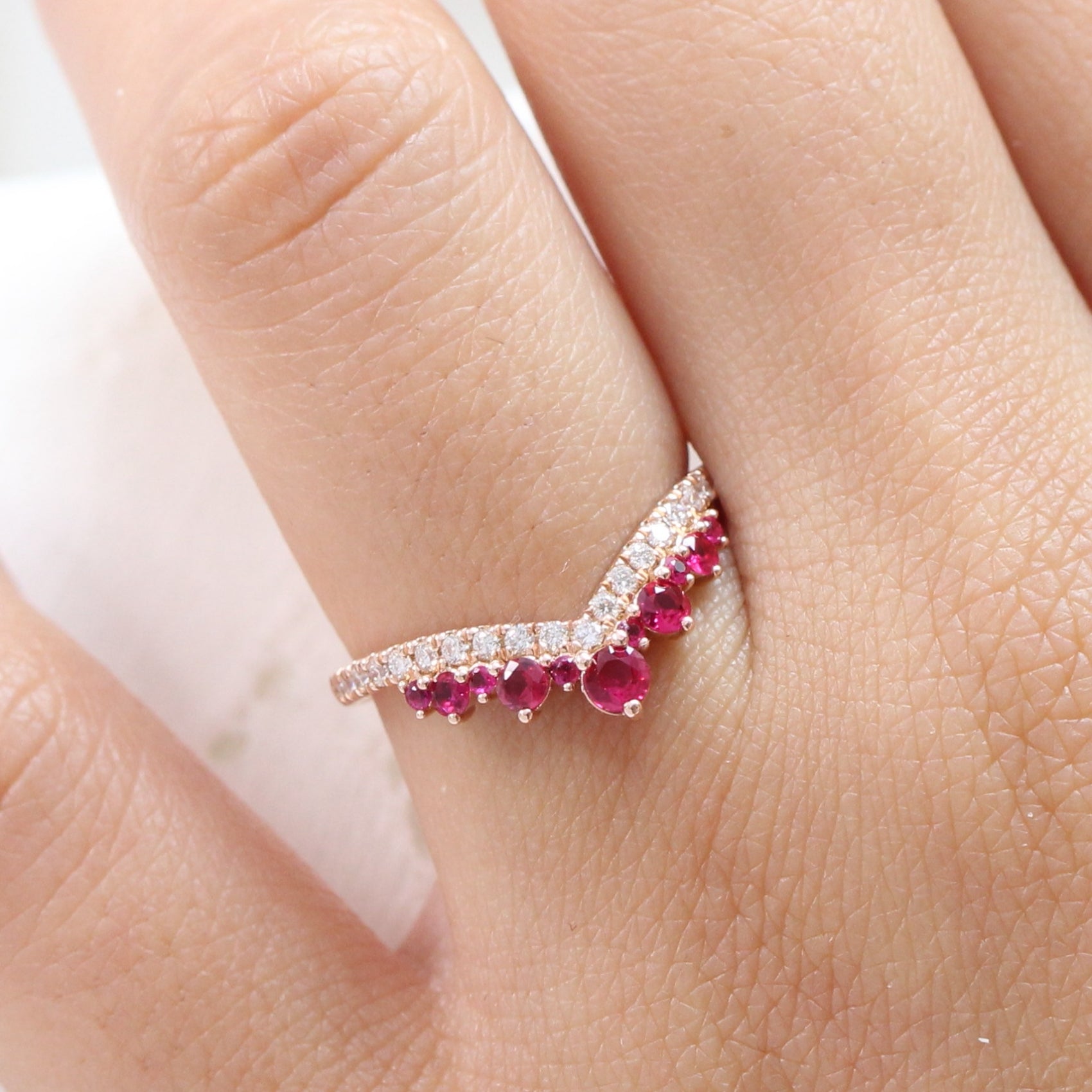 Large Ruby and Diamond Wedding Ring Rose Gold V Shaped Wedding