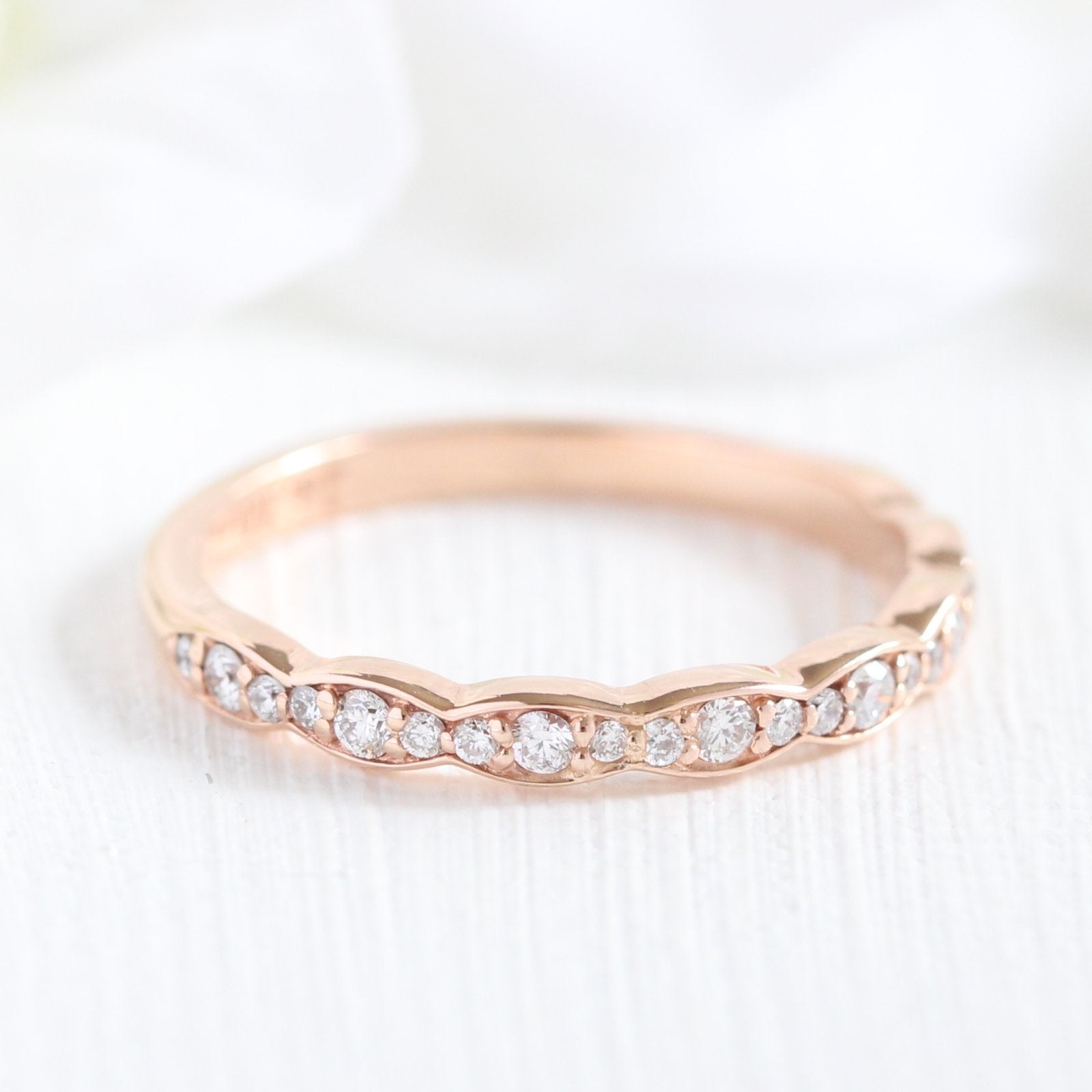 oval morganite engagement ring in rose gold vintage inspired band by la more designHalf diamond wedding ring rose gold scalloped band la more design jewelry