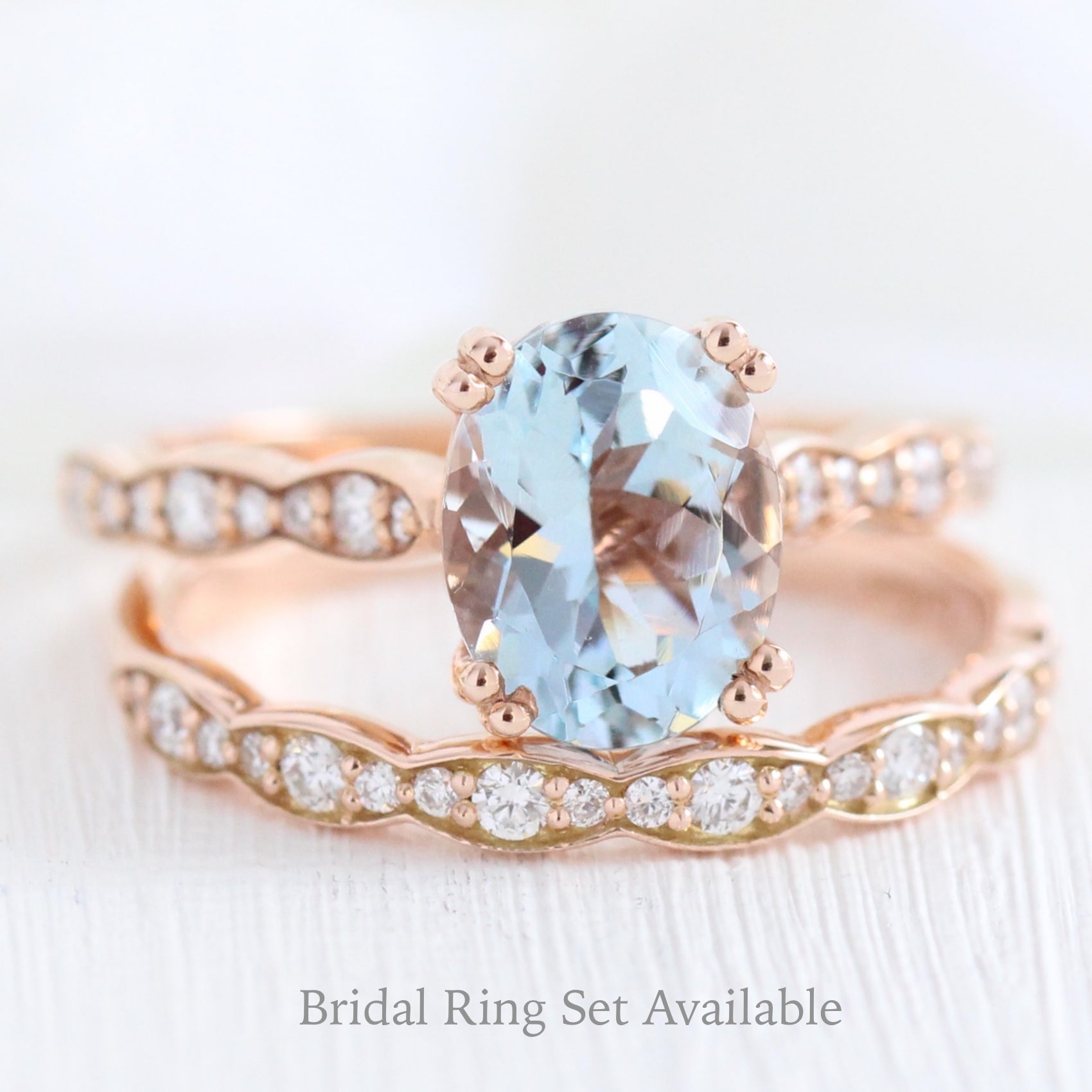 Grace Solitaire Oval Ring w/ Aquamarine and Diamond in Scalloped Band