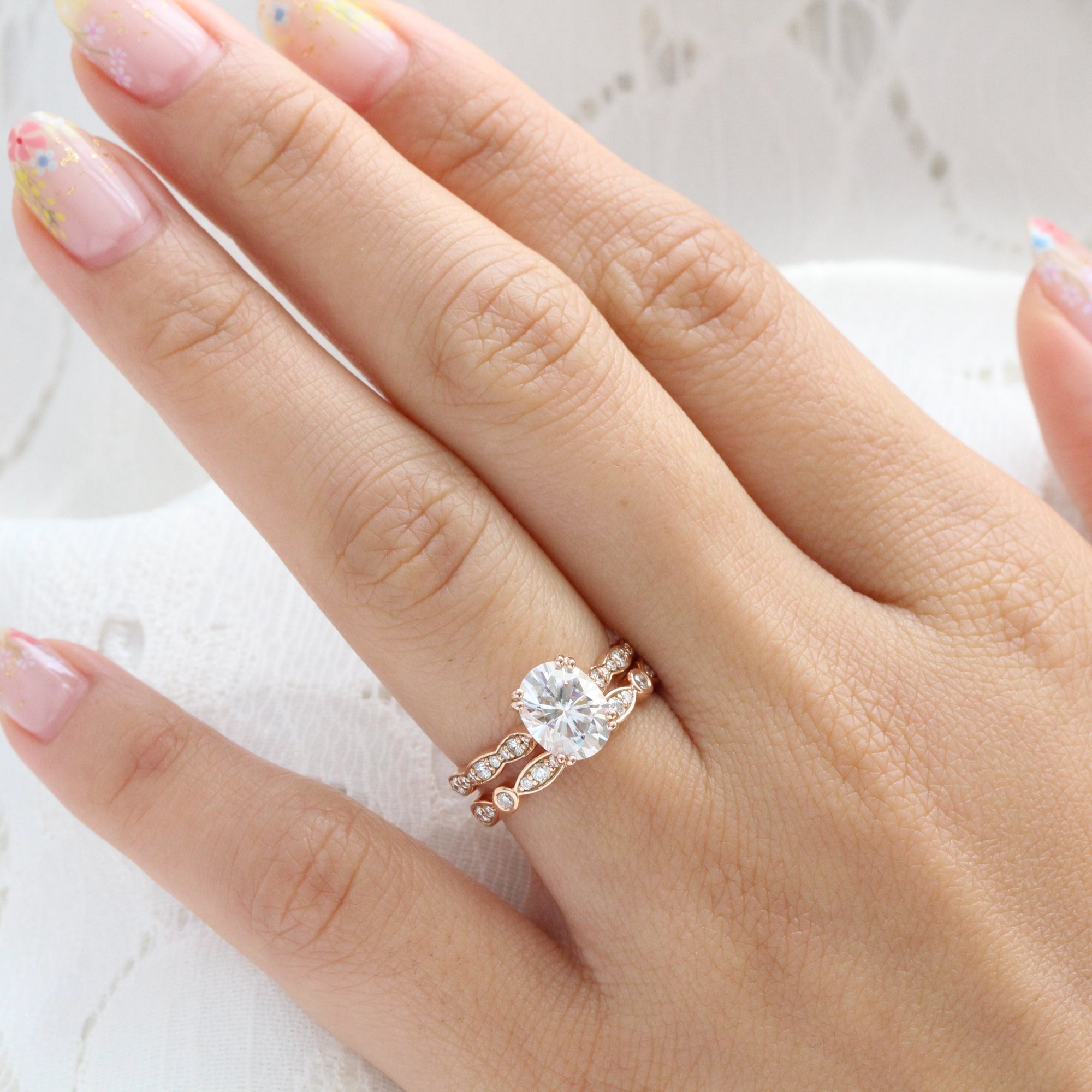 Solitaire Moissanite Ring Rose Gold Diamond Matching Ring Set | La More Design