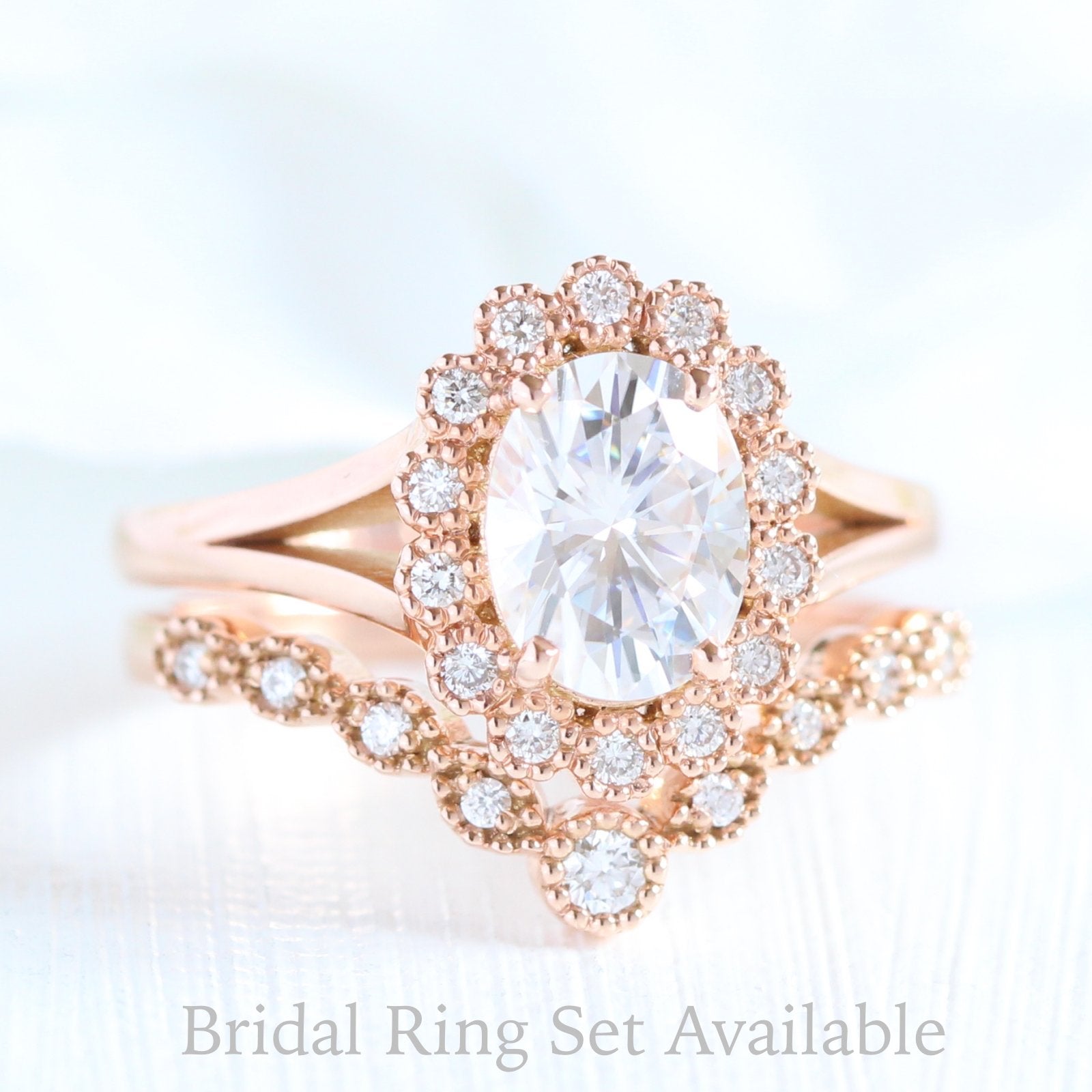 unique moissanite ring bridal set in rose gold vintage inspired diamond ring by la more design