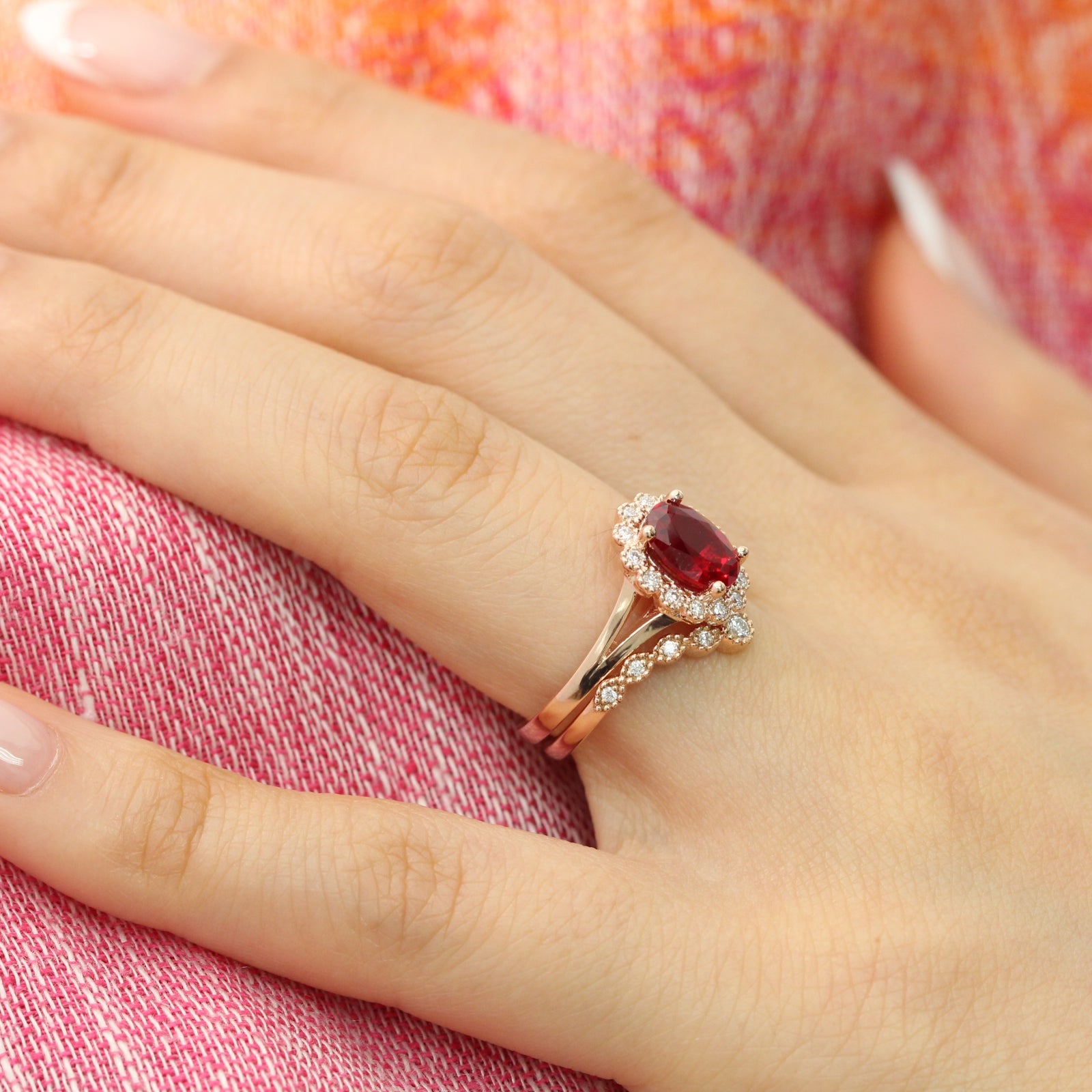Vintage Style Halo Diamond Oval Ruby Bridal Ring Set Rose Gold