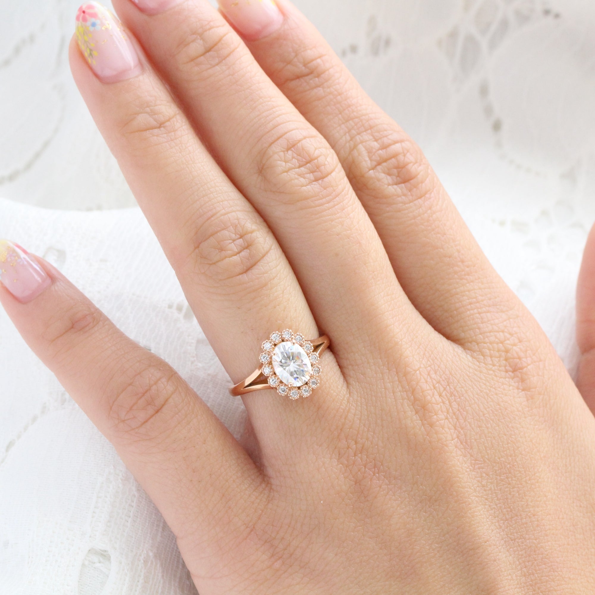 Oval Moissanite Engagement Ring in Rose Gold Vintage Halo Diamond Band