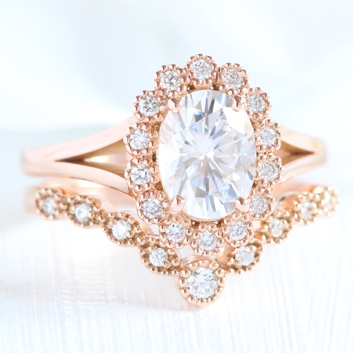unique moissanite ring bridal set in rose gold vintage inspired diamond ring by la more design jewelry