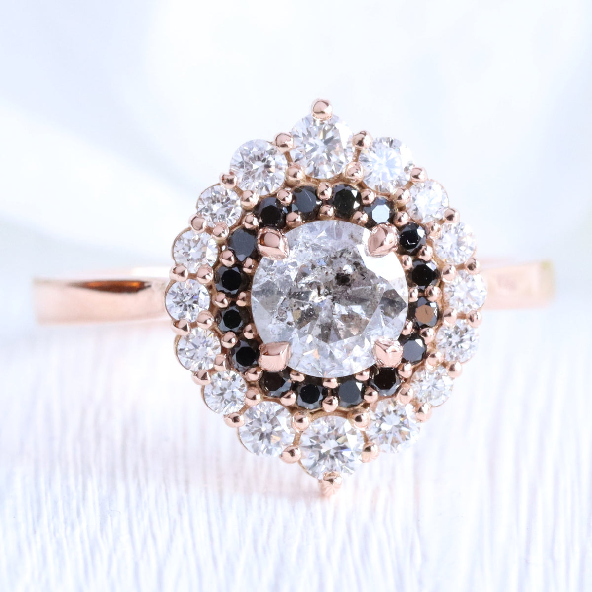 unique salt and pepper diamond engagement ring rose gold double halo black diamond ring la more design jewelry