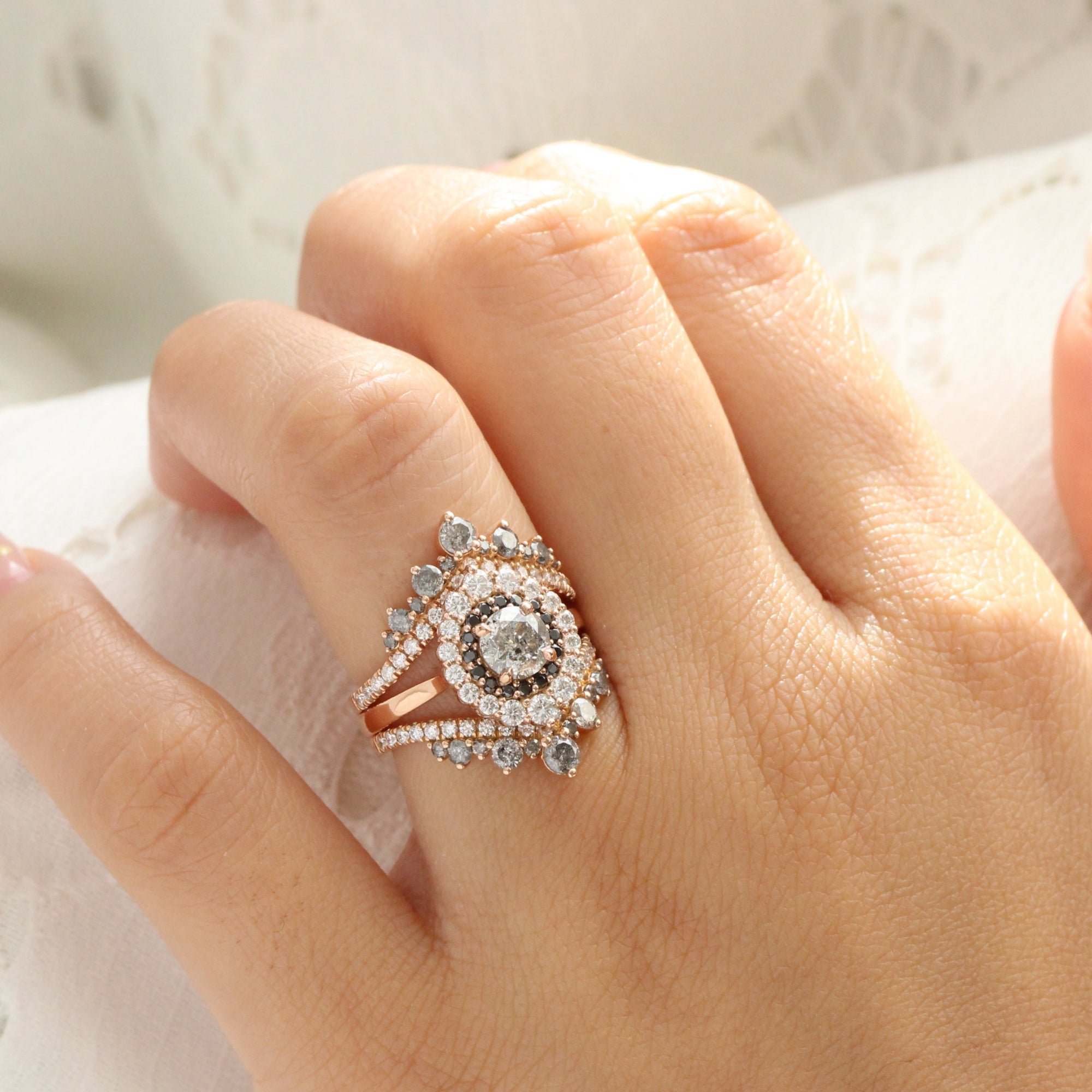 unique salt and pepper diamond engagement ring rose gold double halo black diamond ring la more design jewelry