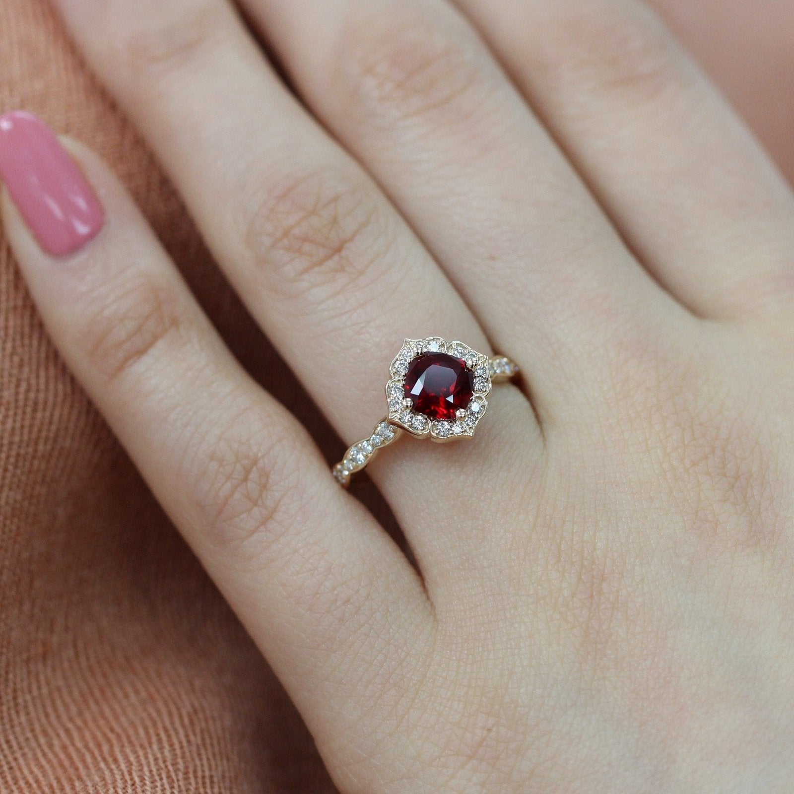 Cushion Ruby Engagement Ring Rose Gold Vintage Style Halo Ring La More Design