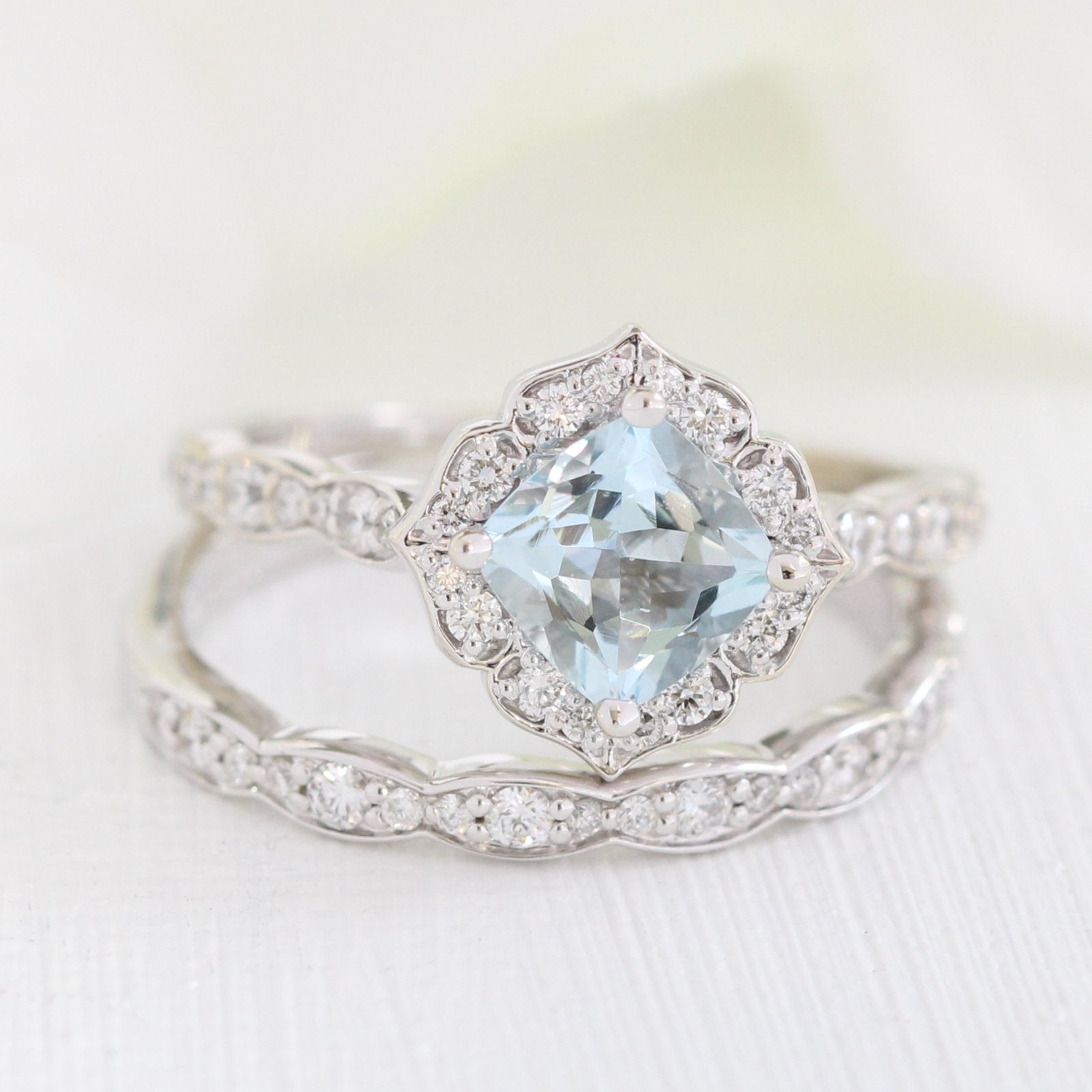 aquamarine engagement ring set in white gold mini vintage floral by la more design