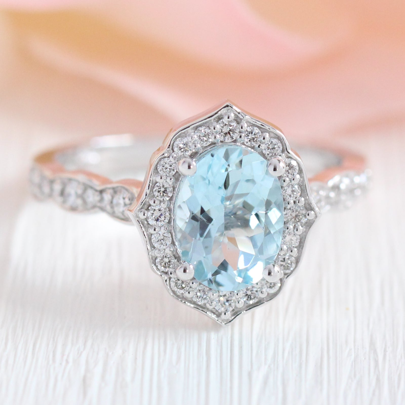 vintage floral oval aquamarine engagement ring white gold scalloped diamond band by la more design jewelry