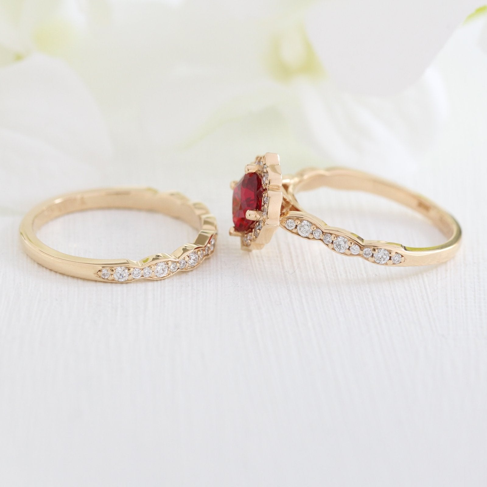 vintage inspired ruby ring bridal set in yellow gold diamond band by la more design