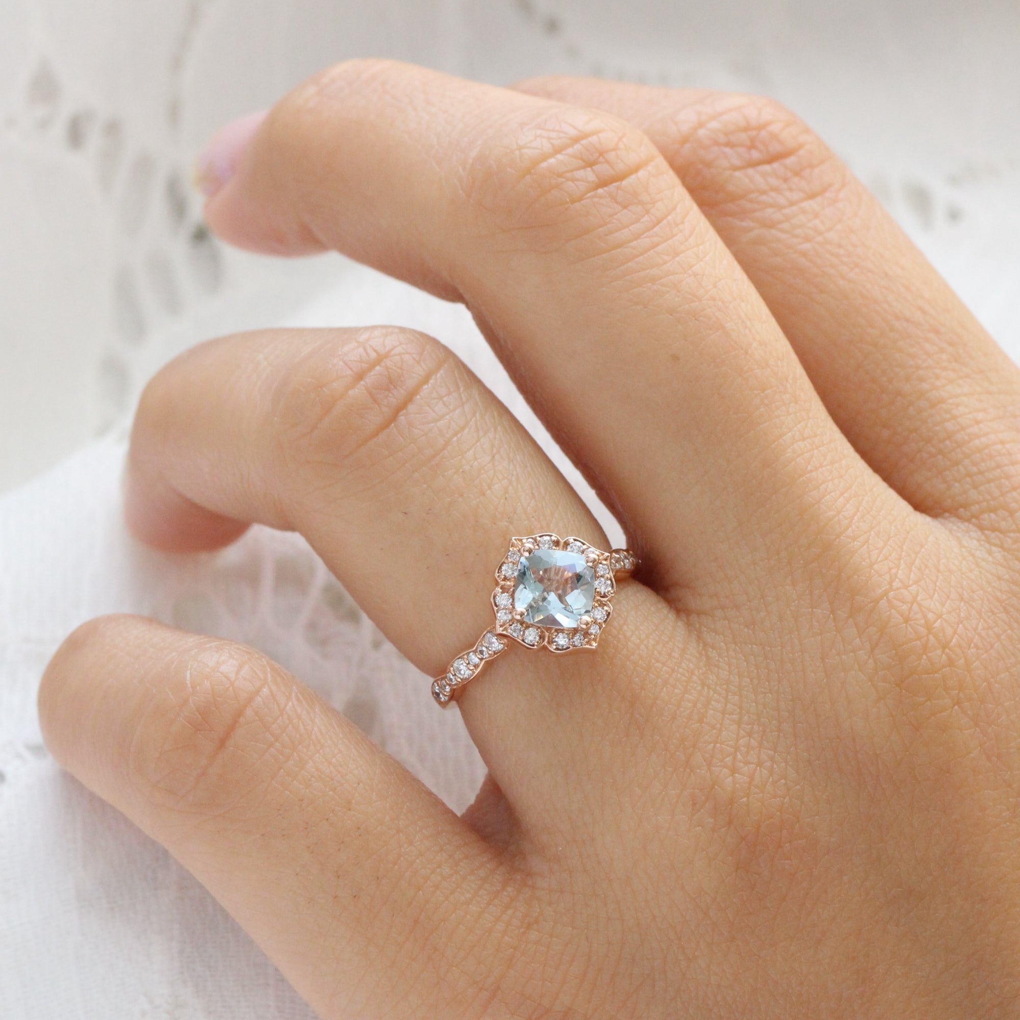 Floral aquamarine cheap engagement ring