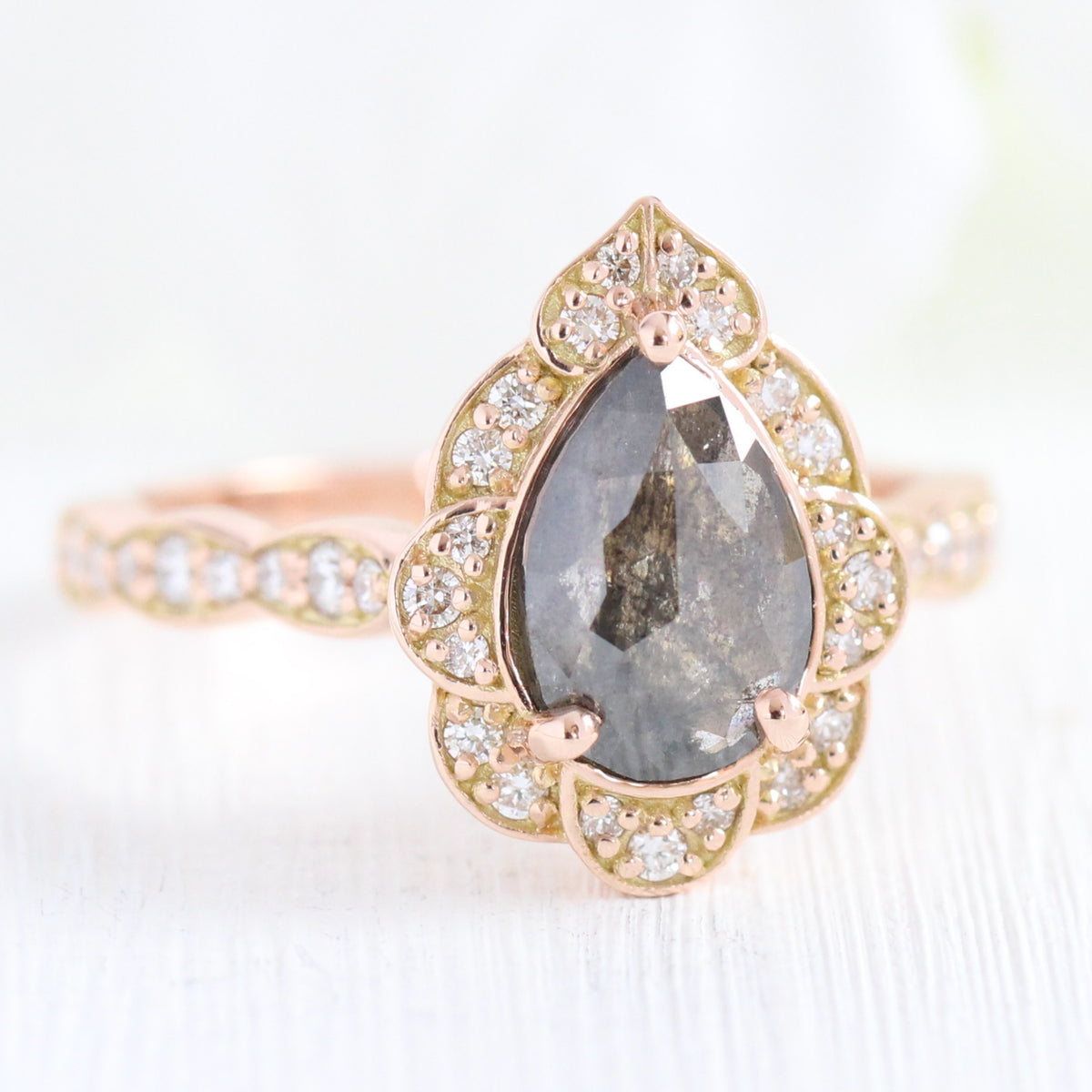 vintage floral salt and pepper diamond ring rose gold pear cut ring la more design jewelry