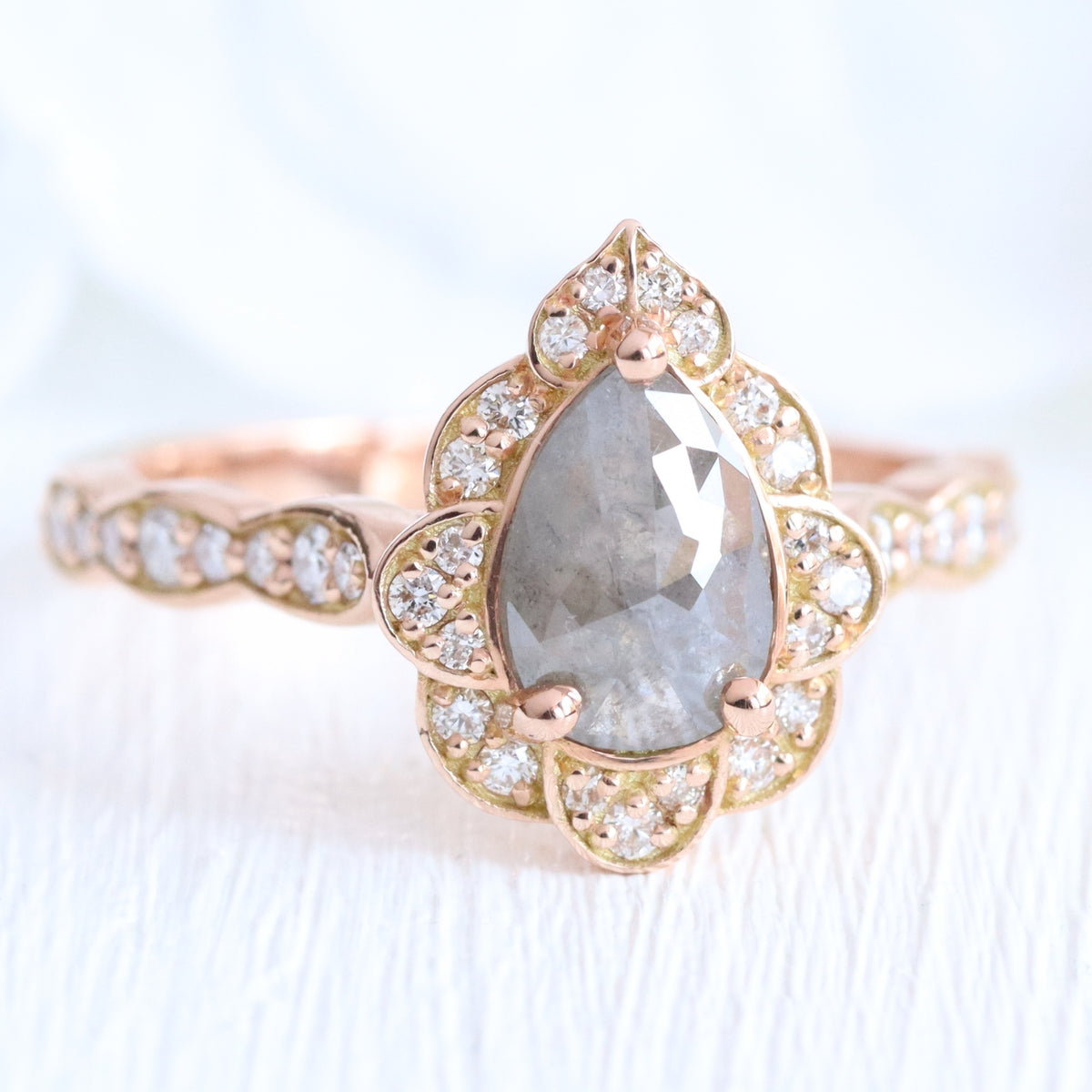vintage floral salt and pepper diamond ring rose gold pear cut ring la more design jewelry