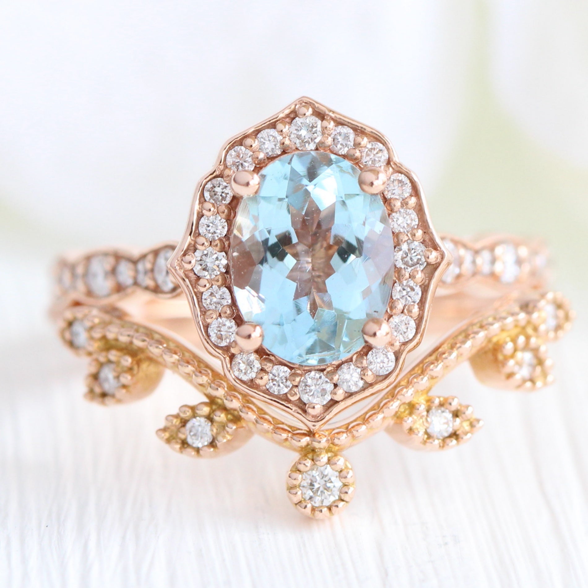 Oval Aquamarine Diamond Ring in Vintage Floral Scalloped Band