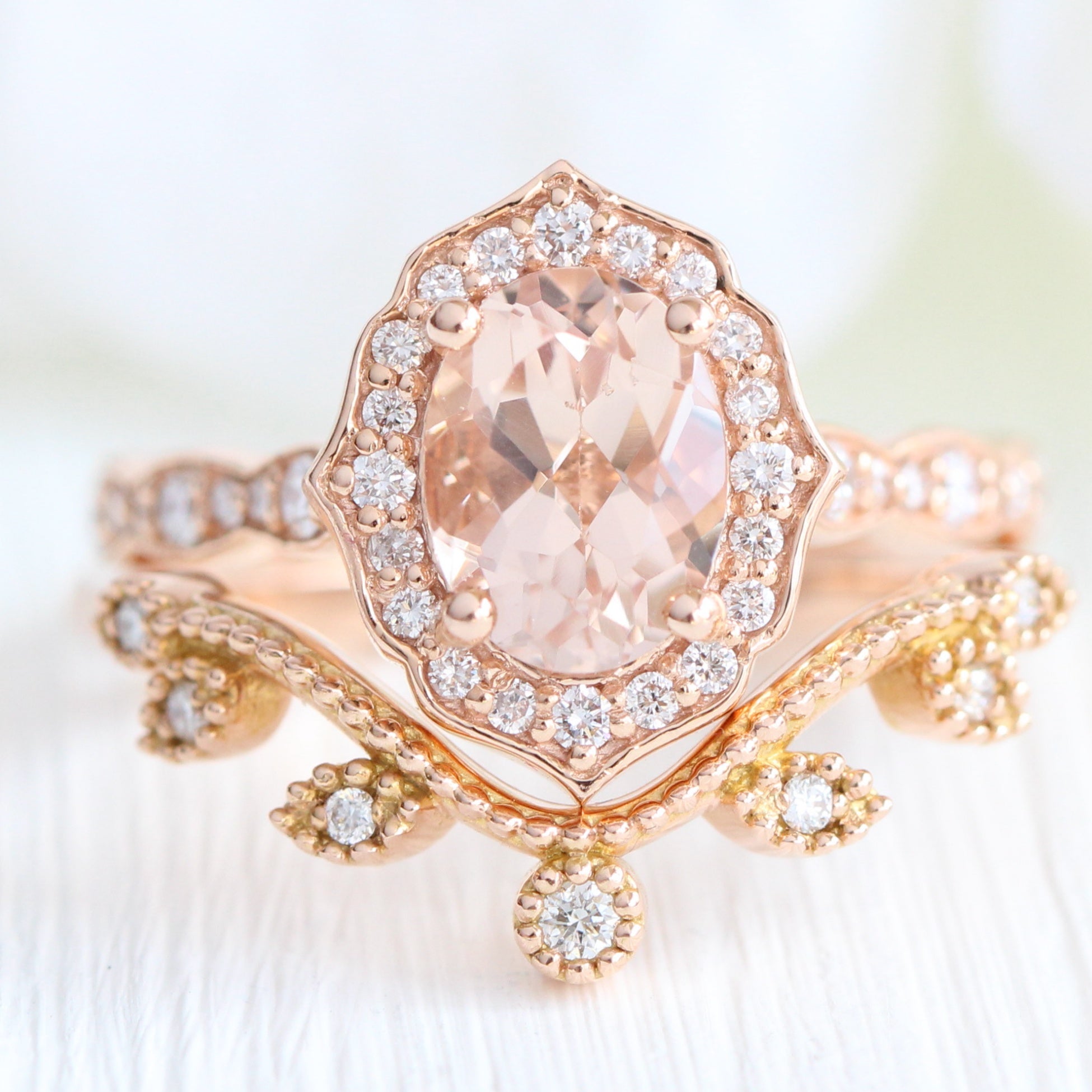 vintage halo diamond morganite ring stack rose gold curved leaf wedding band la more design jewelry