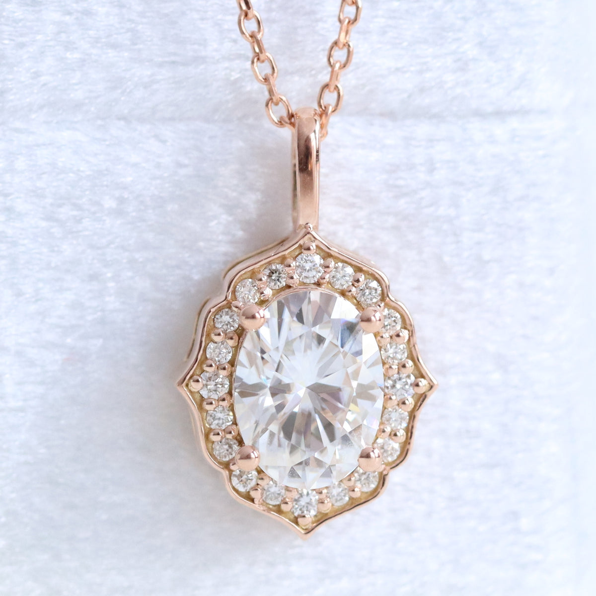 vintage halo diamond oval moissanite pendant rose gold drop necklace la more design jewelry
