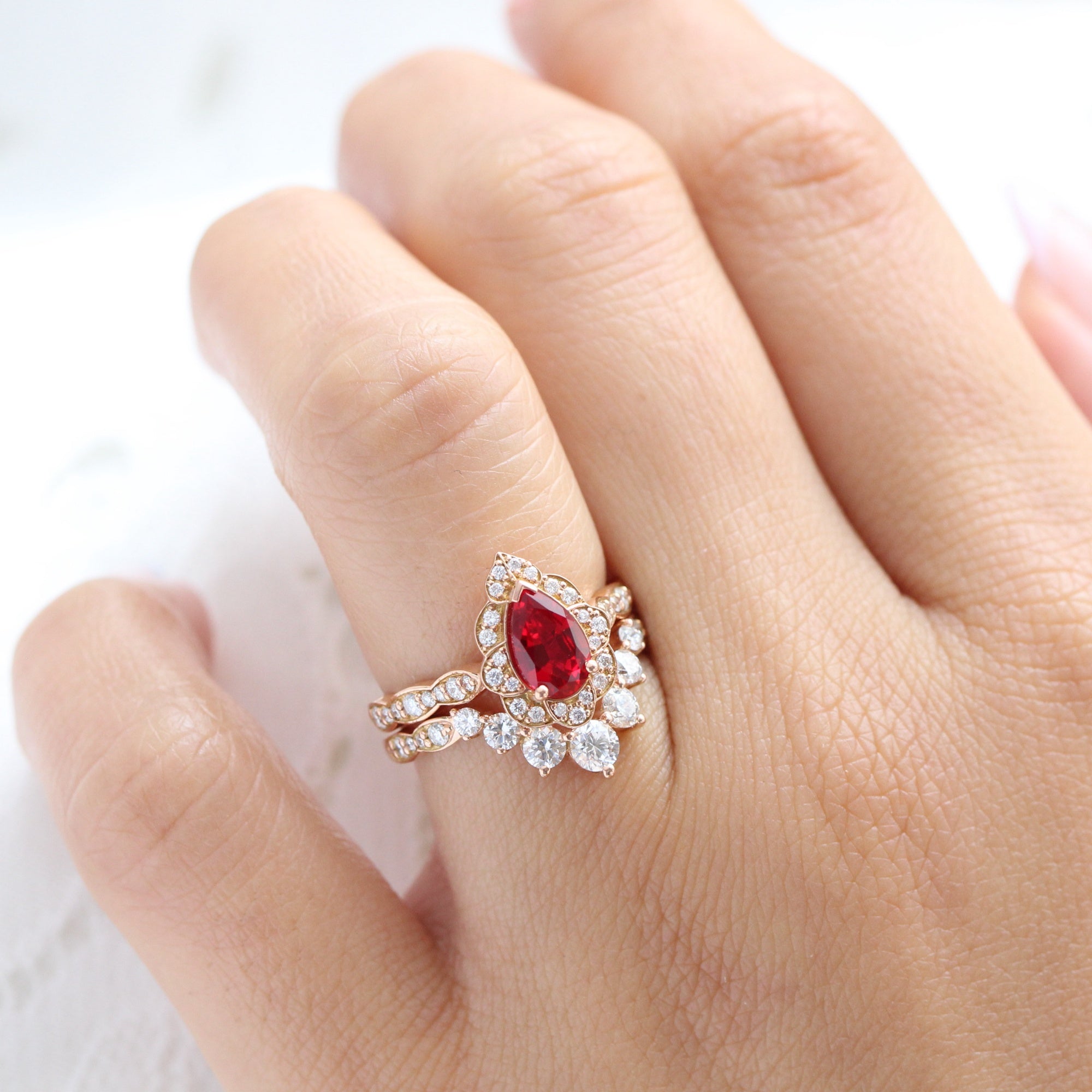 Vintage Halo Pear Ruby Ring Stack Gold Large Diamond U Wedding