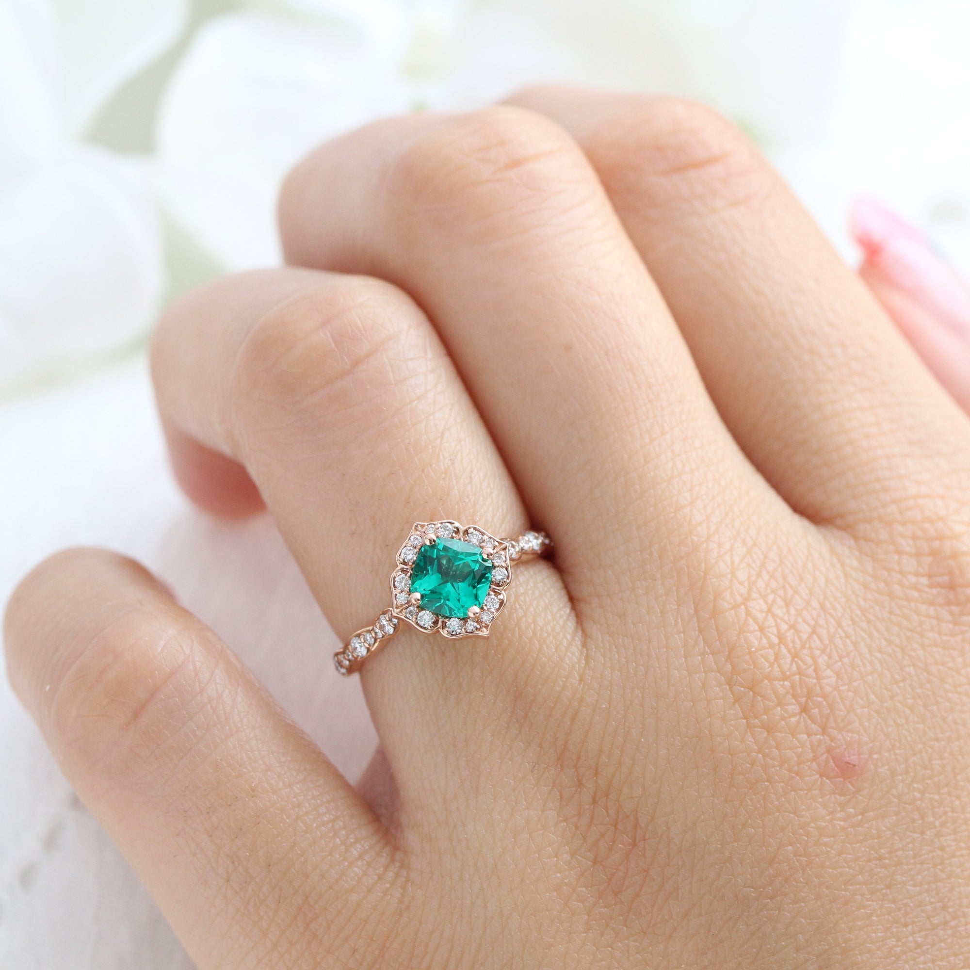 vintage inspired emerald engagement ring in rose gold diamond band by la more design jewelry