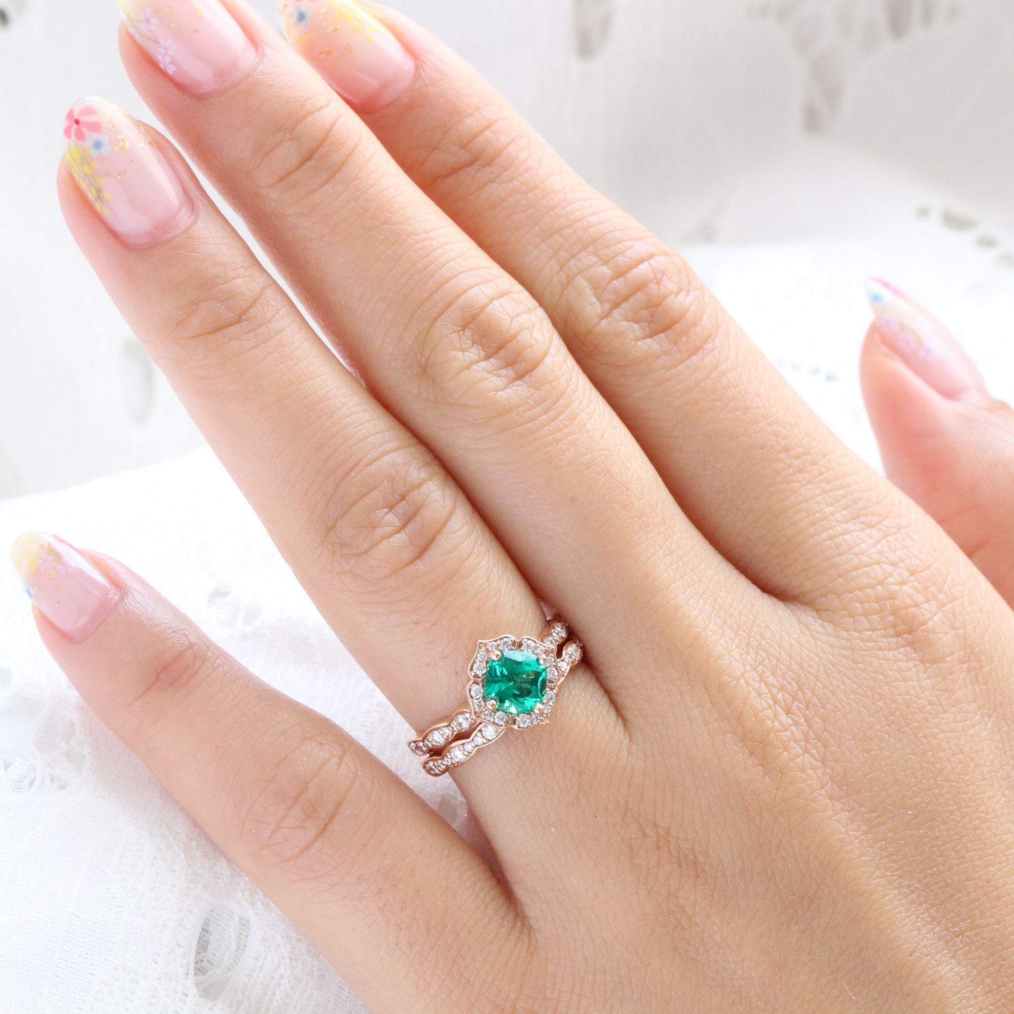 Emerald Ring Bridal Set Rose Gold Vintage Halo Diamond Ring Stack
