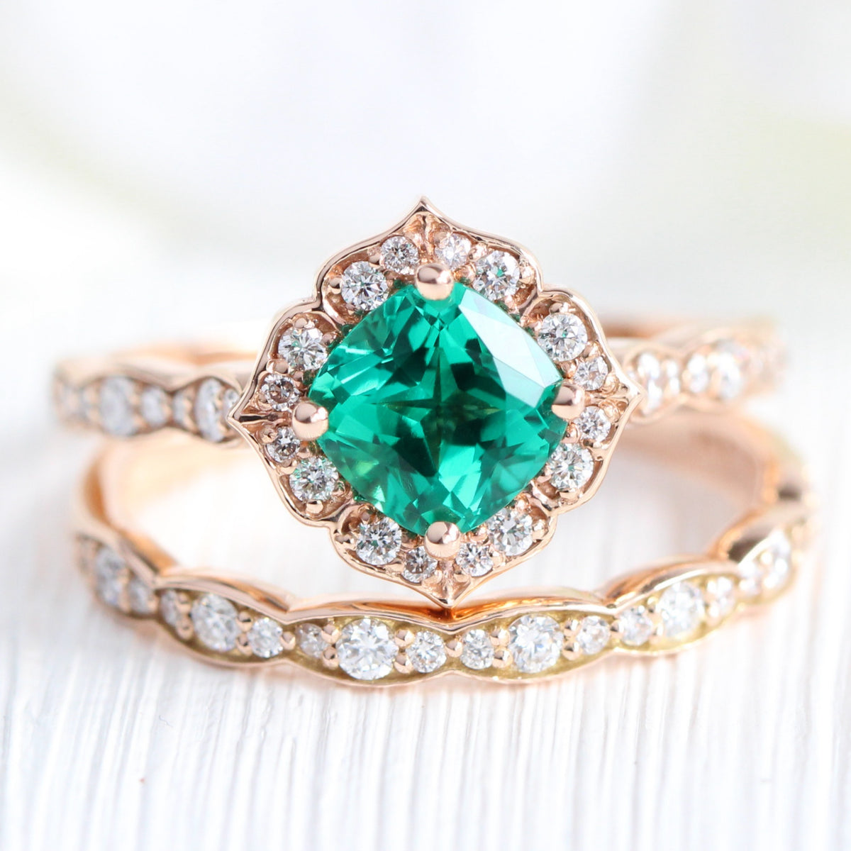 vintage inspired emerald ring bridal set in rose gold diamond band by la more design jewelry