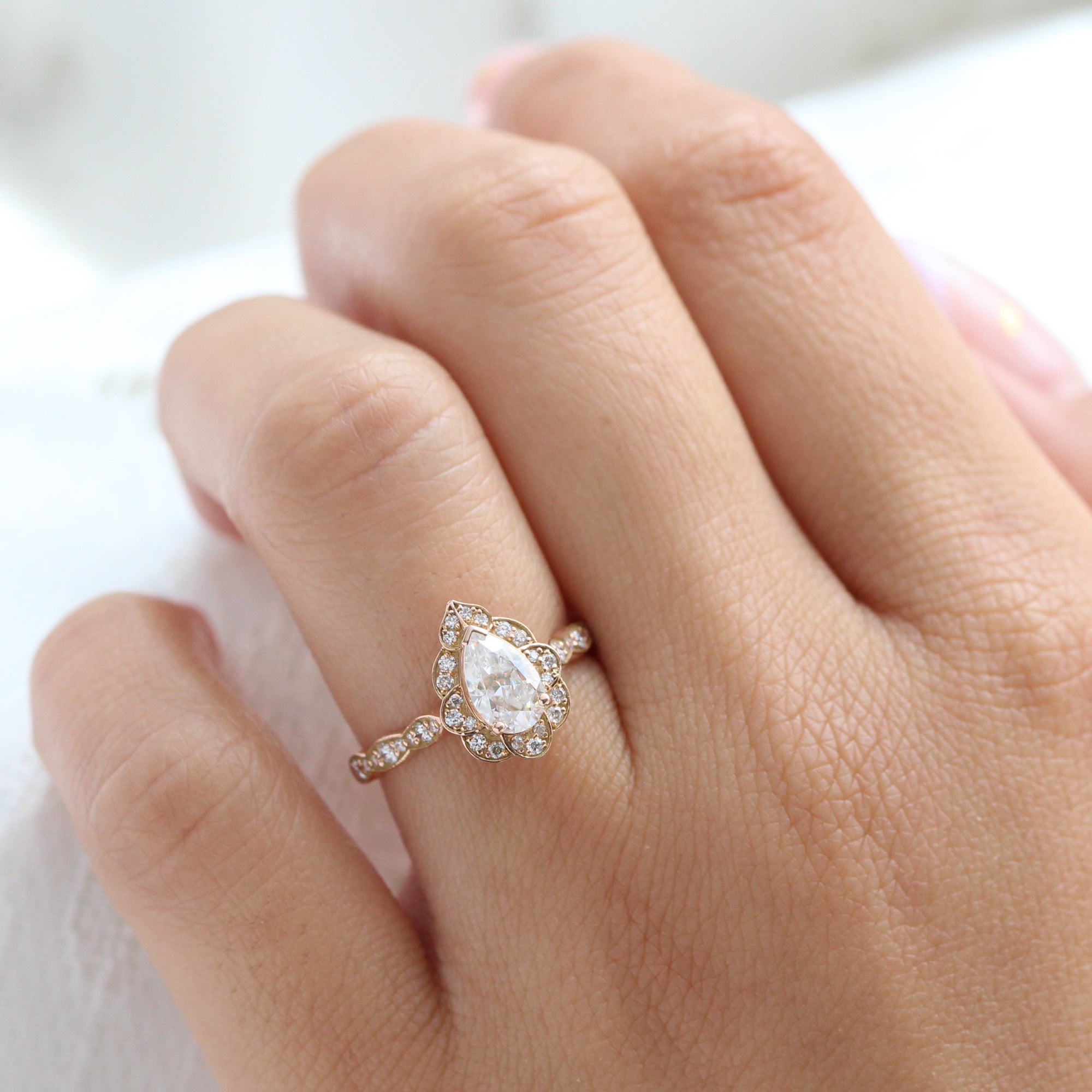 1 Carat Pear Shaped Moissanite Nature Inspired Engagement Ring Set in Rose Gold