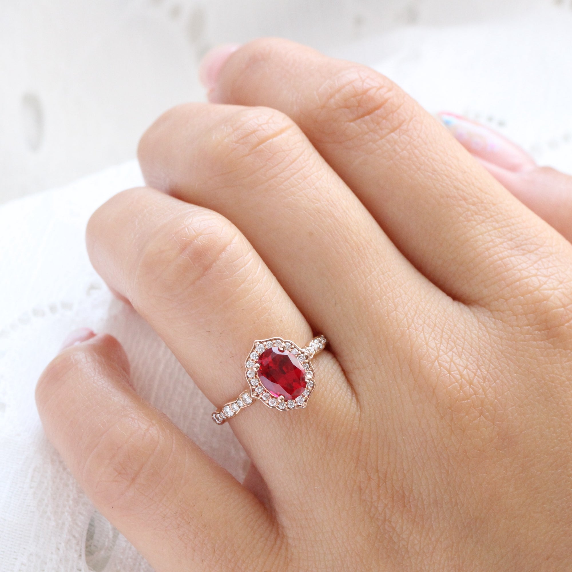 Vintage Style Oval Ruby Engagement Ring Rose Gold Halo Diamond Ring