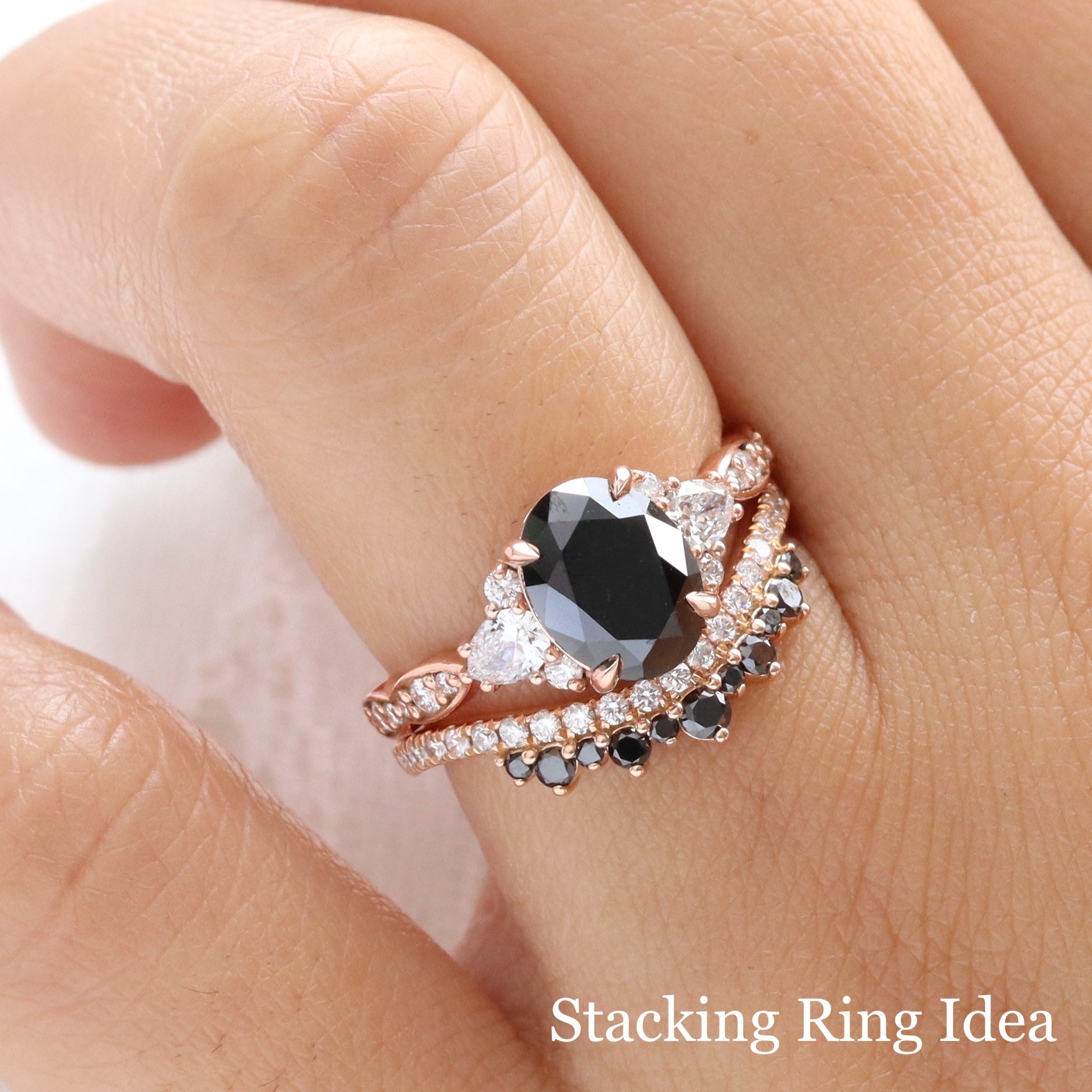 3 Stone Black Diamond Ring Gold Oval Black Diamond Three Stone Ring 18K Rose Gold 4.0