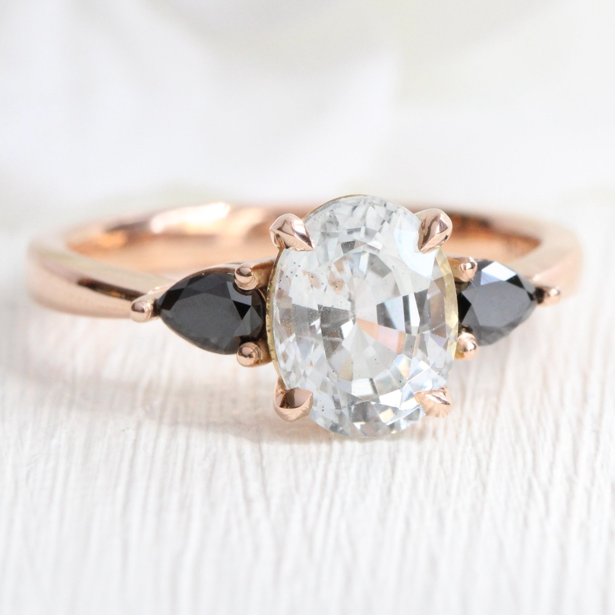 3 stone white sapphire ring rose gold pear black diamond ring la more design jewelry