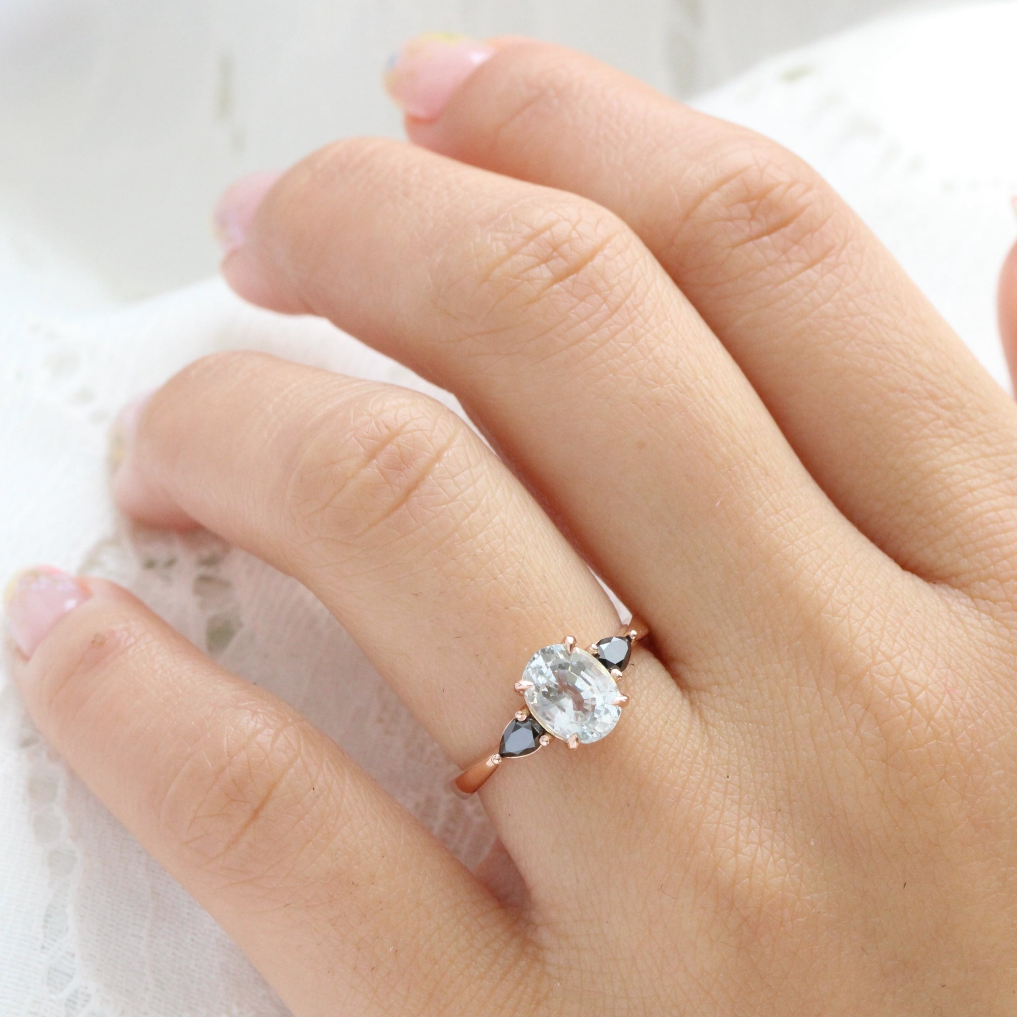 3 stone white sapphire ring rose gold pear black diamond ring la more design jewelry