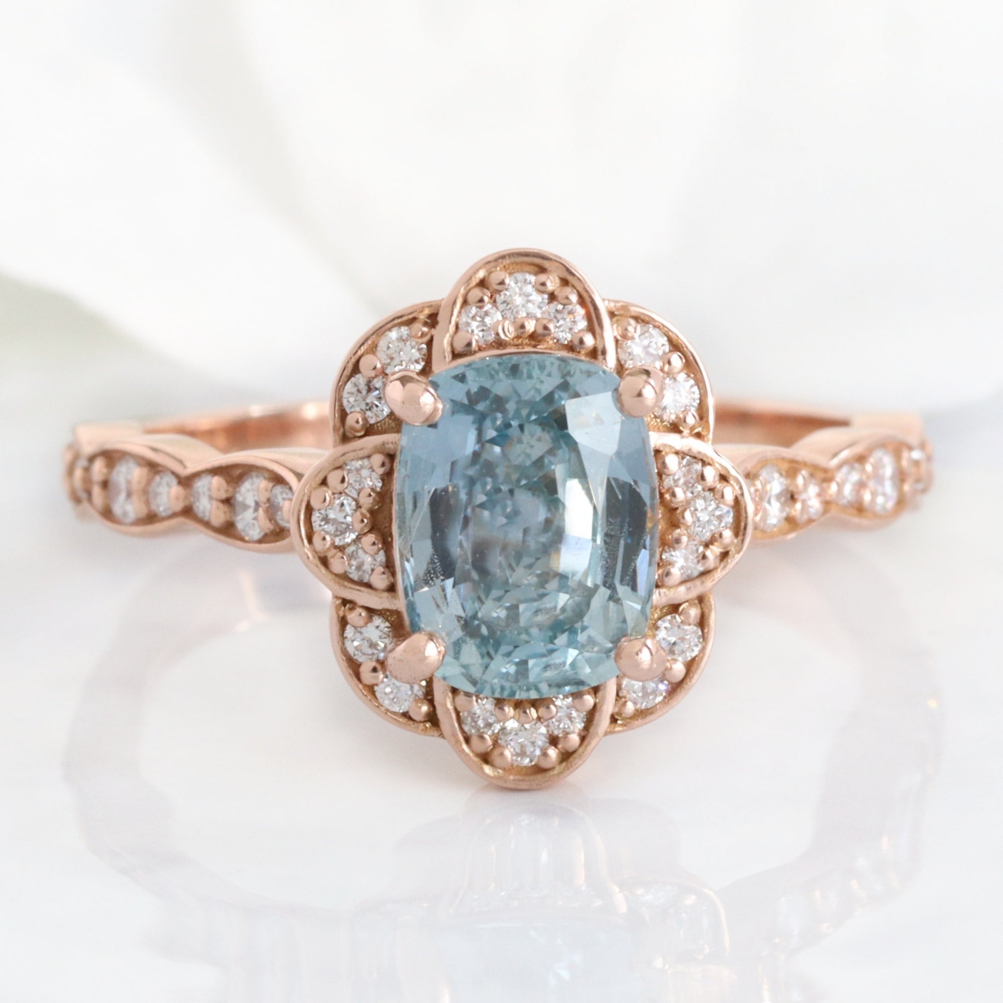 Aqua blue sapphire ring rose gold vintage floral oval blue sapphire diamond engagement ring la more design jewelry
