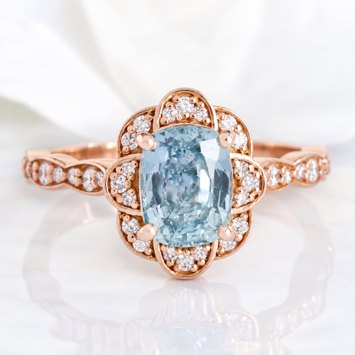 Aqua blue sapphire ring rose gold vintage floral oval blue sapphire diamond engagement ring la more design jewelry